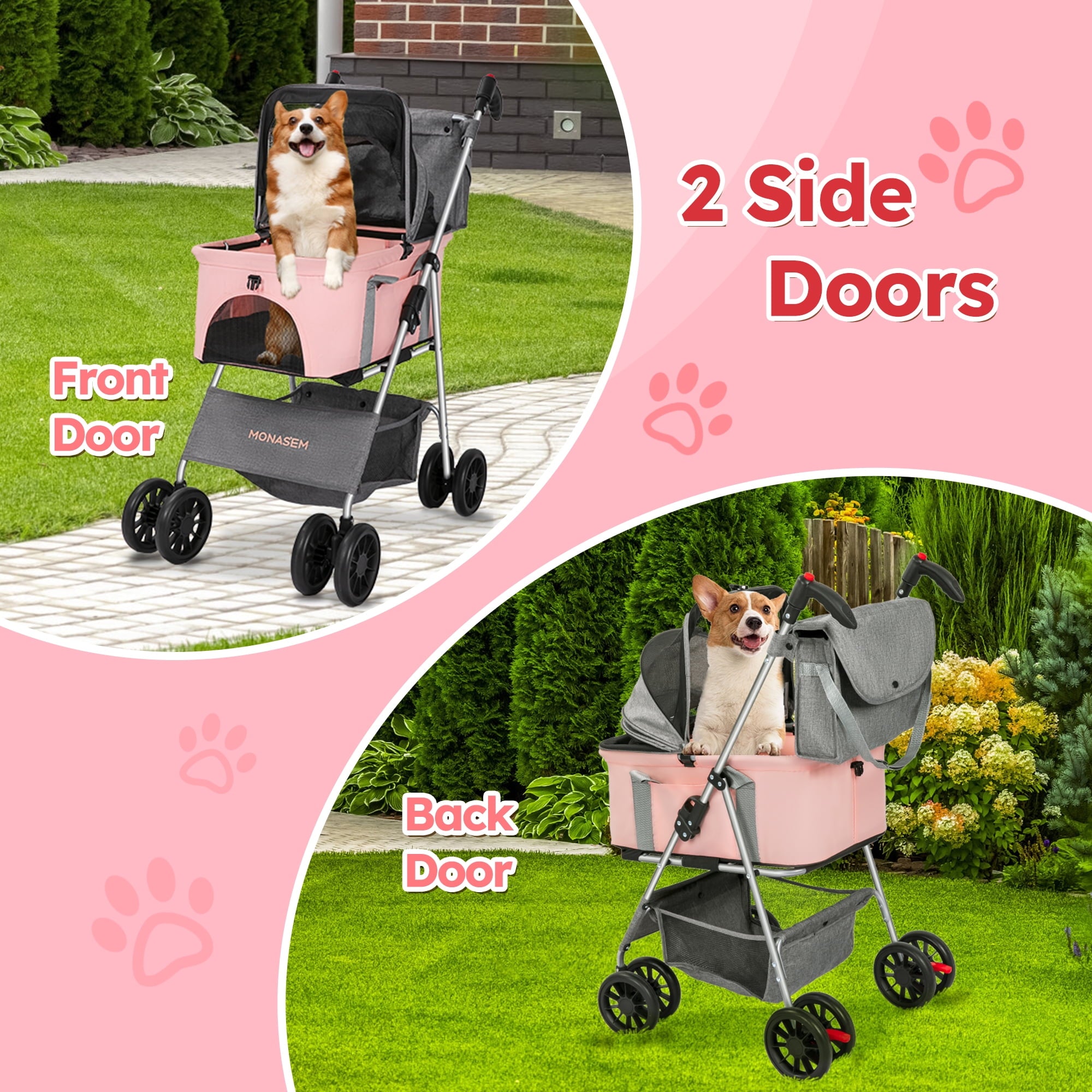 Monasem 4 Wheels Foldable Pet Stroller 3 in 1 with Waterproof Detachable Pets Travel Carrier for Small/Medium Dogs Cats up to 60lbs, Pink