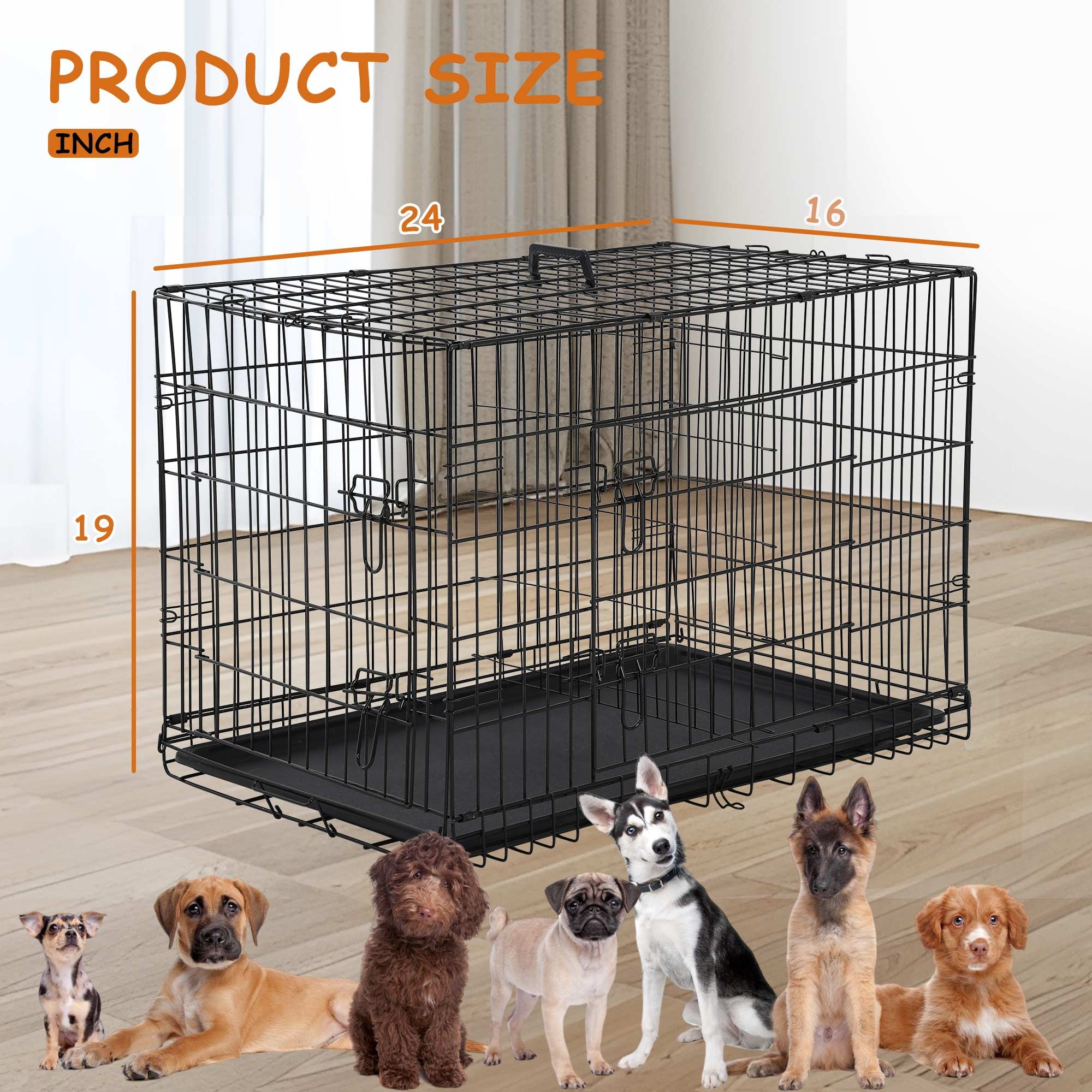 CL.HPAHKL Small Wire Dog Crate, Folding Metal Dog Kennel Double Door Dog Cage with Plastic Tray, Puppy Crate for Small Dog Indoor Outdoor Travel (Black, 24 inch)