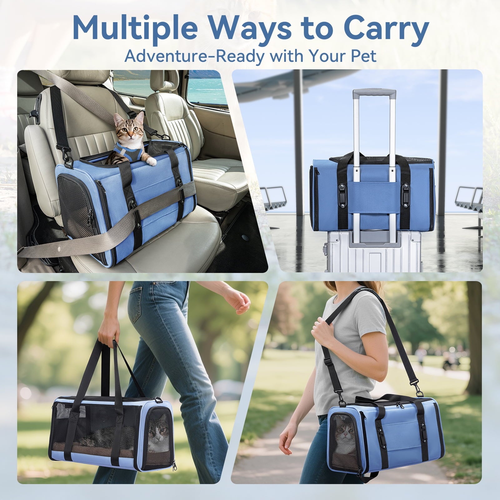 PETSFIT Airline Approved Pet Carrier, Upgraded Patented Car Buckle Soft Sided Cat Carrier, 4-Side Ventilation,Blue,15 lb Limit