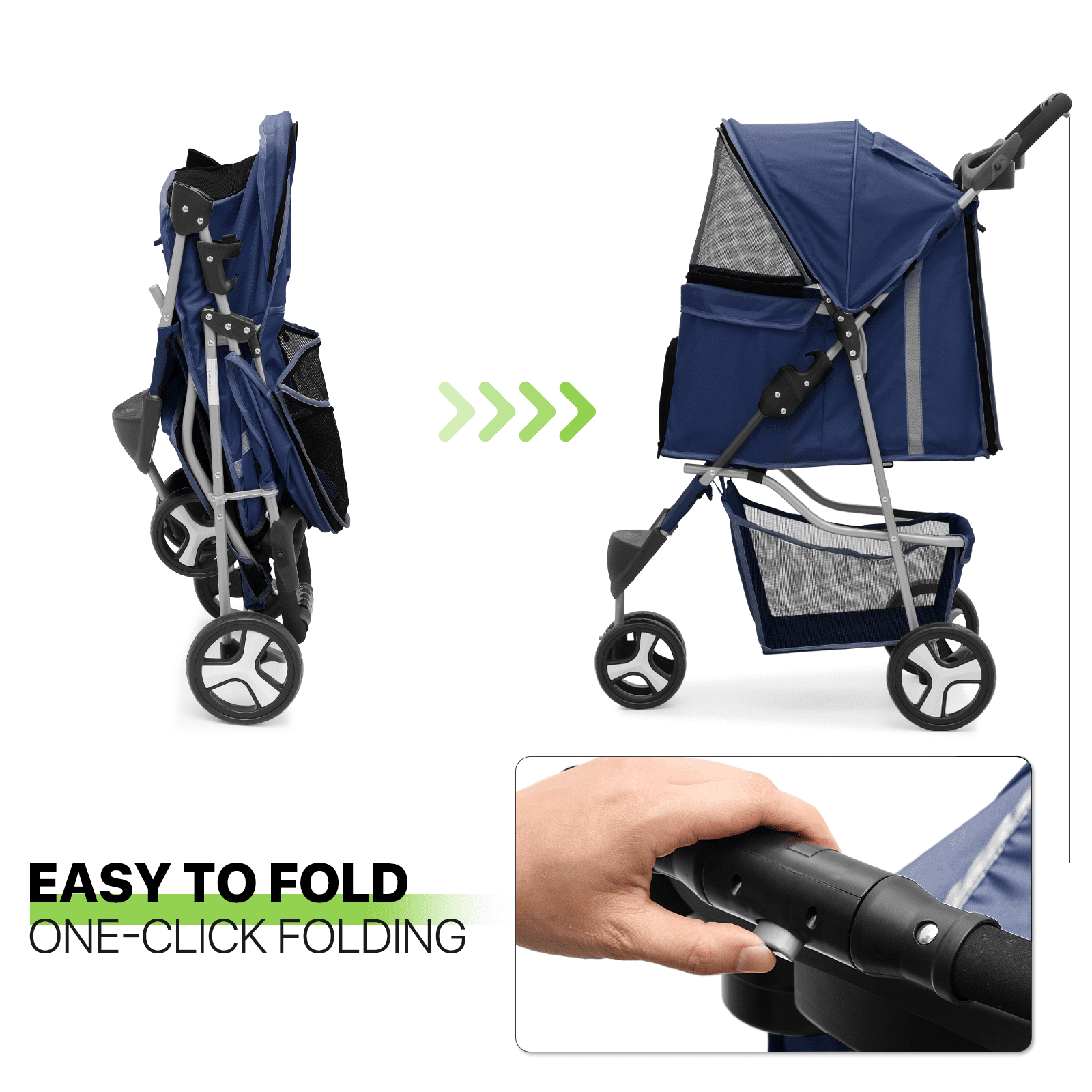 Magshion Foldable Pet Dog Stroller with Wheels, Cat Dog Stroller with Storage Basket and Cup Holder for Small and Medium Cats, Dogs, Puppy, Navy Blue