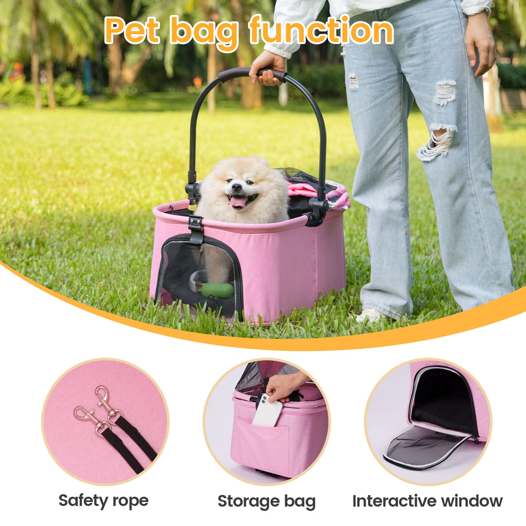Wedyvko Pet Stroller with 4 Wheels, Foldable Pet Travel Carrier for Small/Medium Dogs Cats up to 50lbs, Detachble Portable Pet Bag, Storage Basket, Car Seat 3 in 1 Multifunctional,Pink