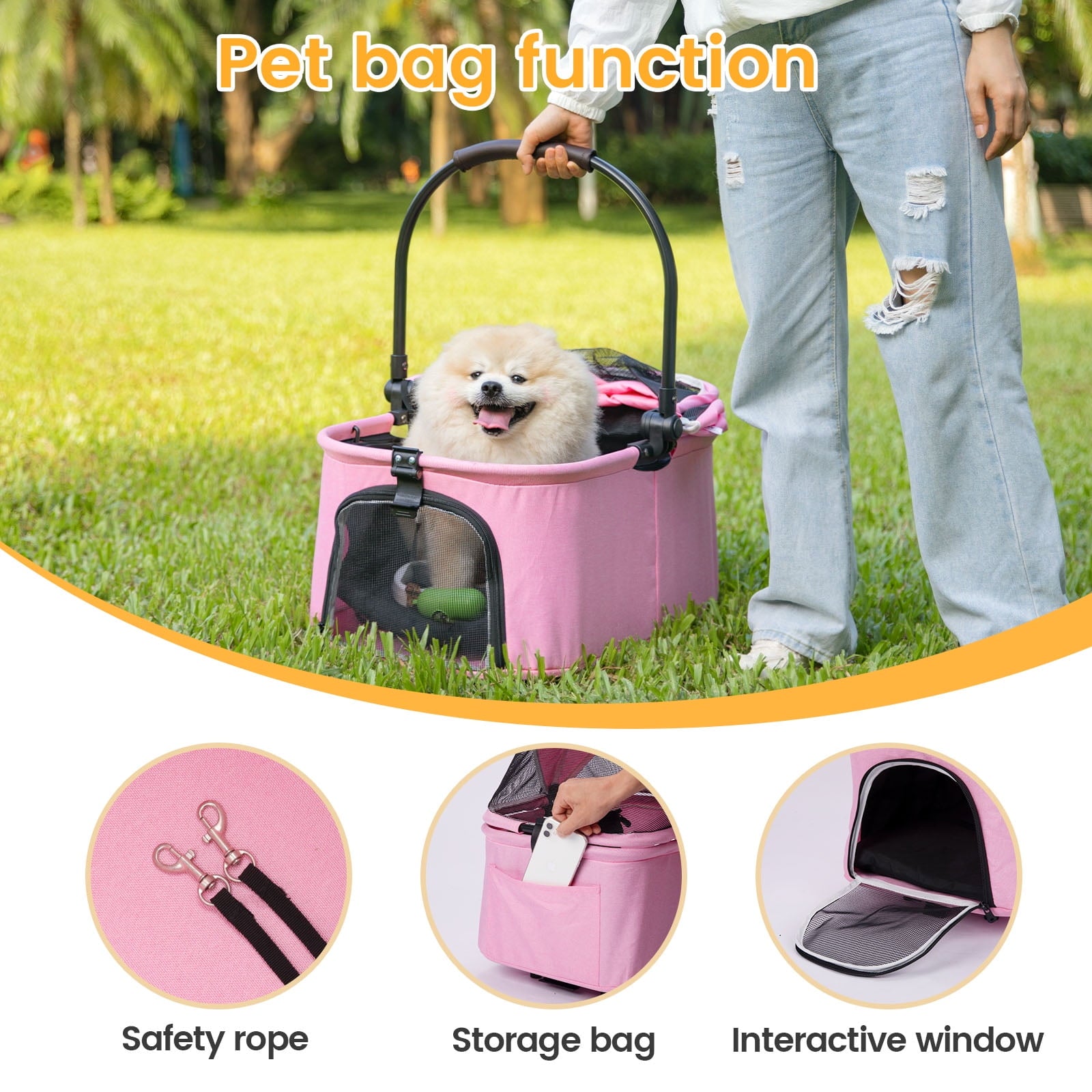 Wedyvko Pet Stroller with 4 Wheels, Foldable Pet Travel Carrier for Small/Medium Dogs Cats up to 50lbs, Detachble Portable Pet Bag, Storage Basket, Car Seat 3 in 1 Multifunctional,Pink