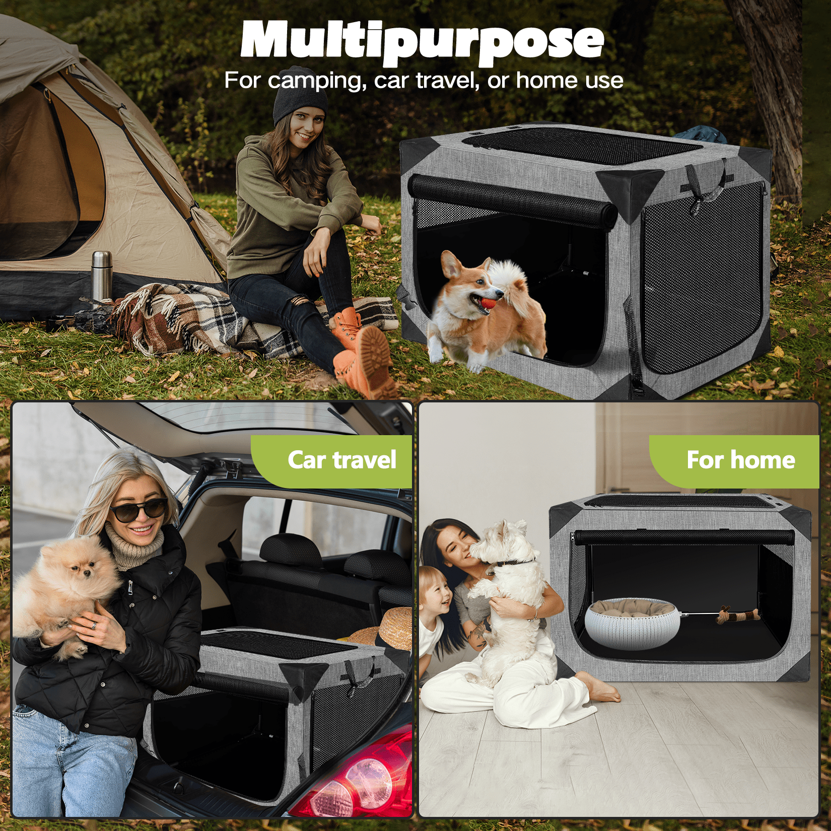 36 Inch Dog Crates,Collapsible Soft Dog Crate for Large Dogs, Chew Proof Mesh Window 3 Door Design, Indoor & Outdoor Portable Travel Dog Crate(French Grey)