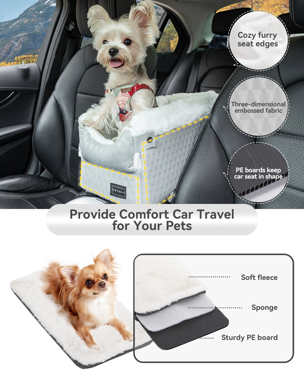 PETSFIT Dog Car Seats for Small Dogs,Washable Cushion,  Small Dog Car Seat with Upgraded Safety Tethers, Center Console Dog Car Seat (Light Grey)