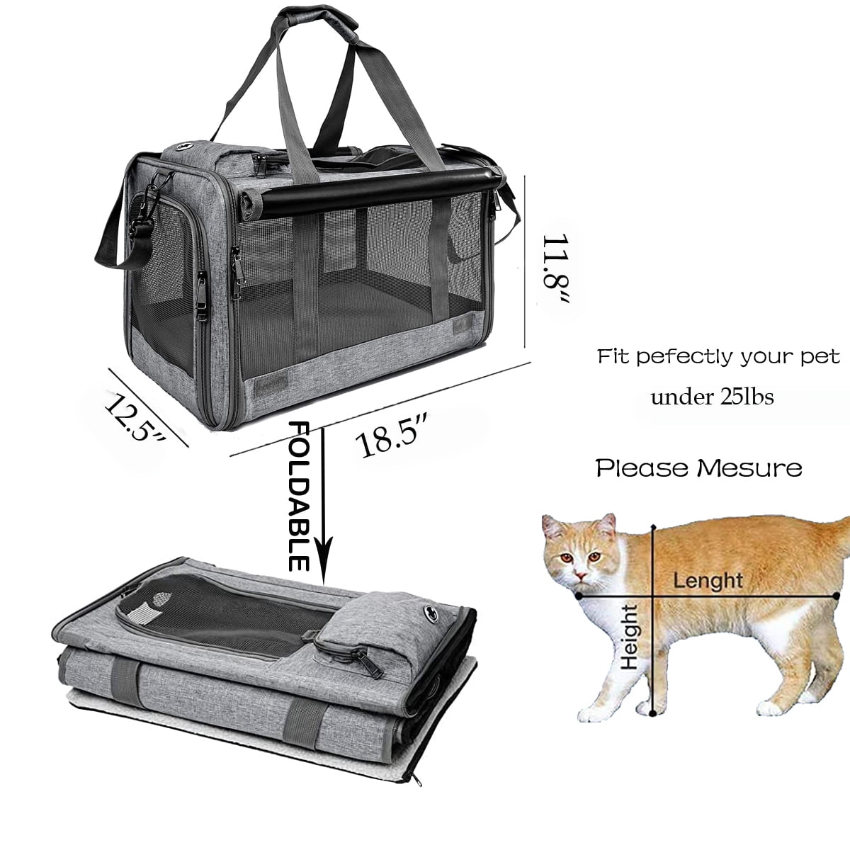 Cat Carrier, Cat Carriers for Large Cats up to 25LB, large Cat Carrier with a Bowl, Soft Sided Carrier with 2 Side Roller Blinds for Pet Cat Kitten Small Dog Puppies Airline Approved, Gray