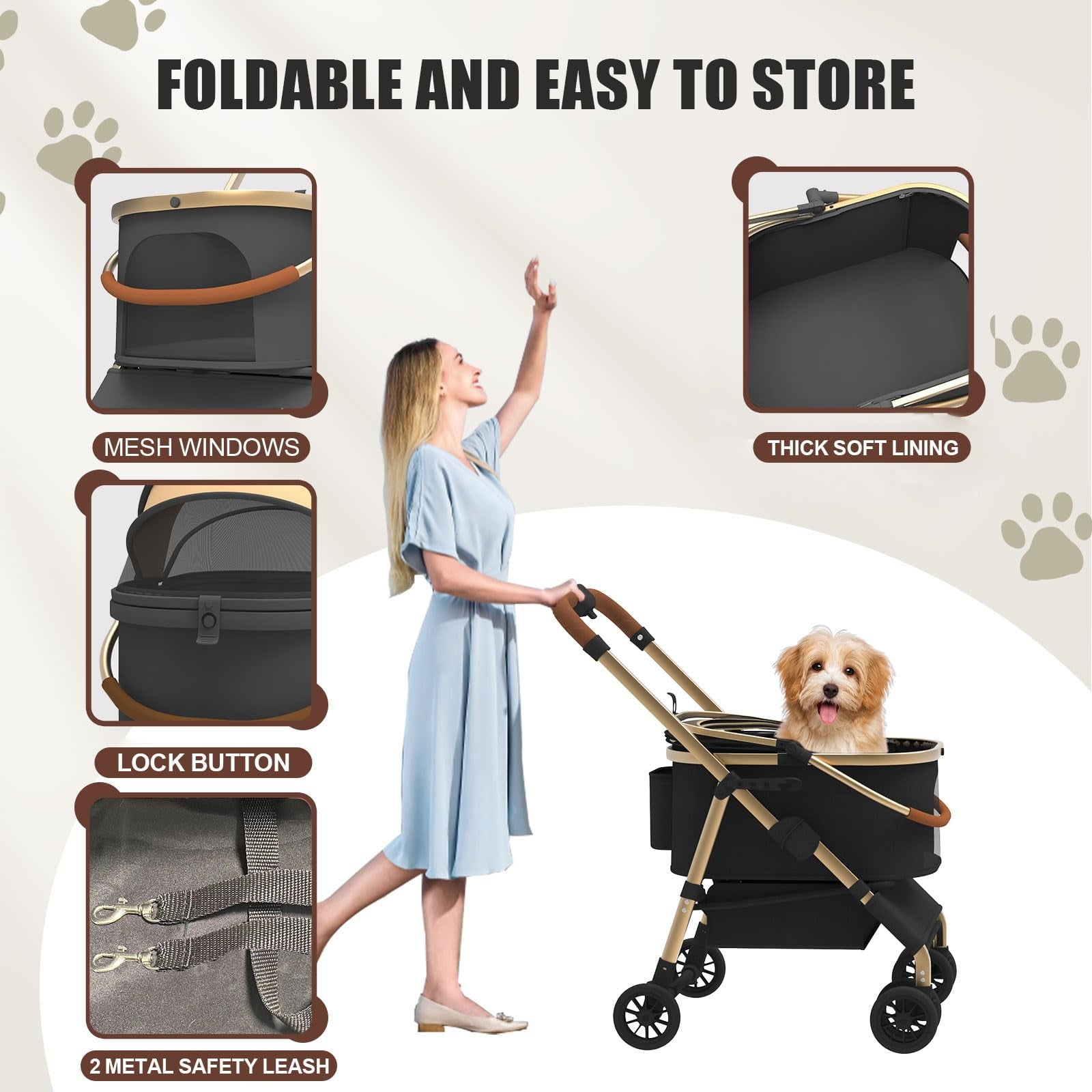 Foldable Pet Stroller 4 Wheels, Dog Stroller for Medium Dogs 30 lbs, Portable Pet Travel Carrier for Dogs Cats