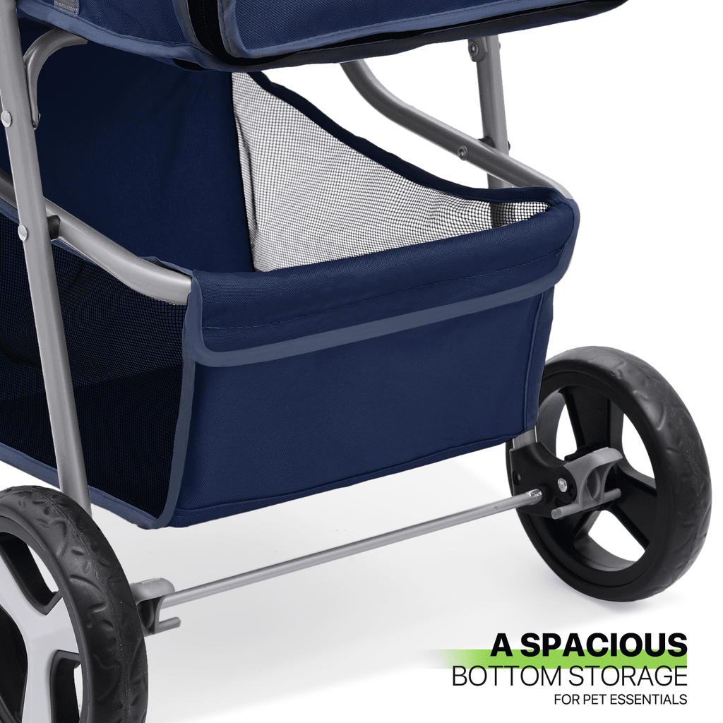 Magshion Foldable Pet Dog Stroller with Wheels, Cat Dog Stroller with Storage Basket and Cup Holder for Small and Medium Cats, Dogs, Puppy, Navy Blue