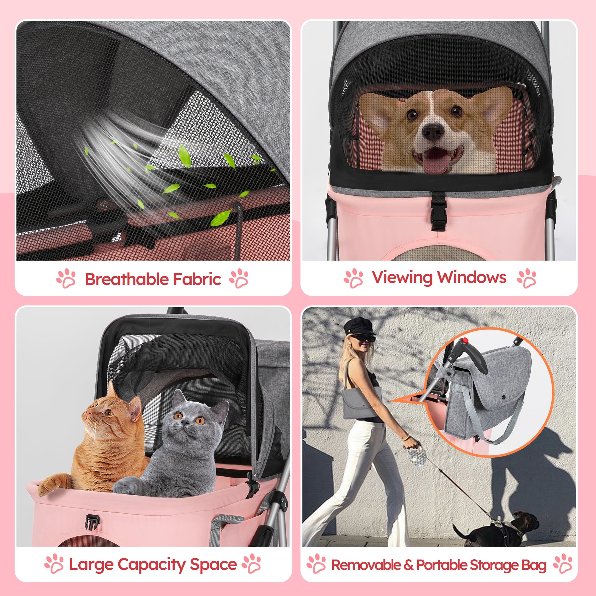 Monasem 4 Wheels Foldable Pet Stroller 3 in 1 with Waterproof Detachable Pets Travel Carrier for Small/Medium Dogs Cats up to 60lbs, Pink
