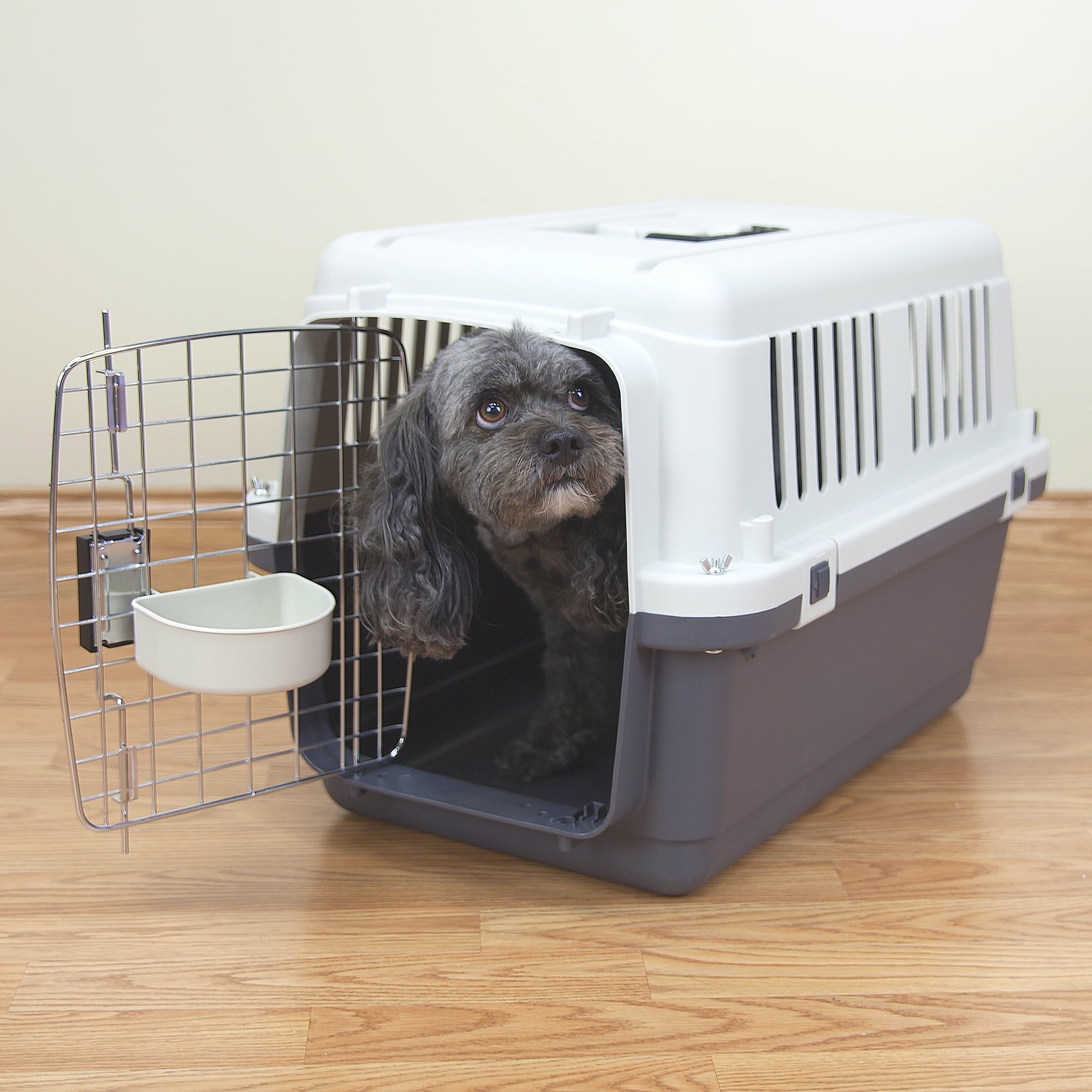 SportPet Designs Plastic Kennel for Dogs & Cats, Wire Door, IATA Airline Approved, Travel Crate, No Wheels, Gray, Small,  24" L x 16" W x 16" H