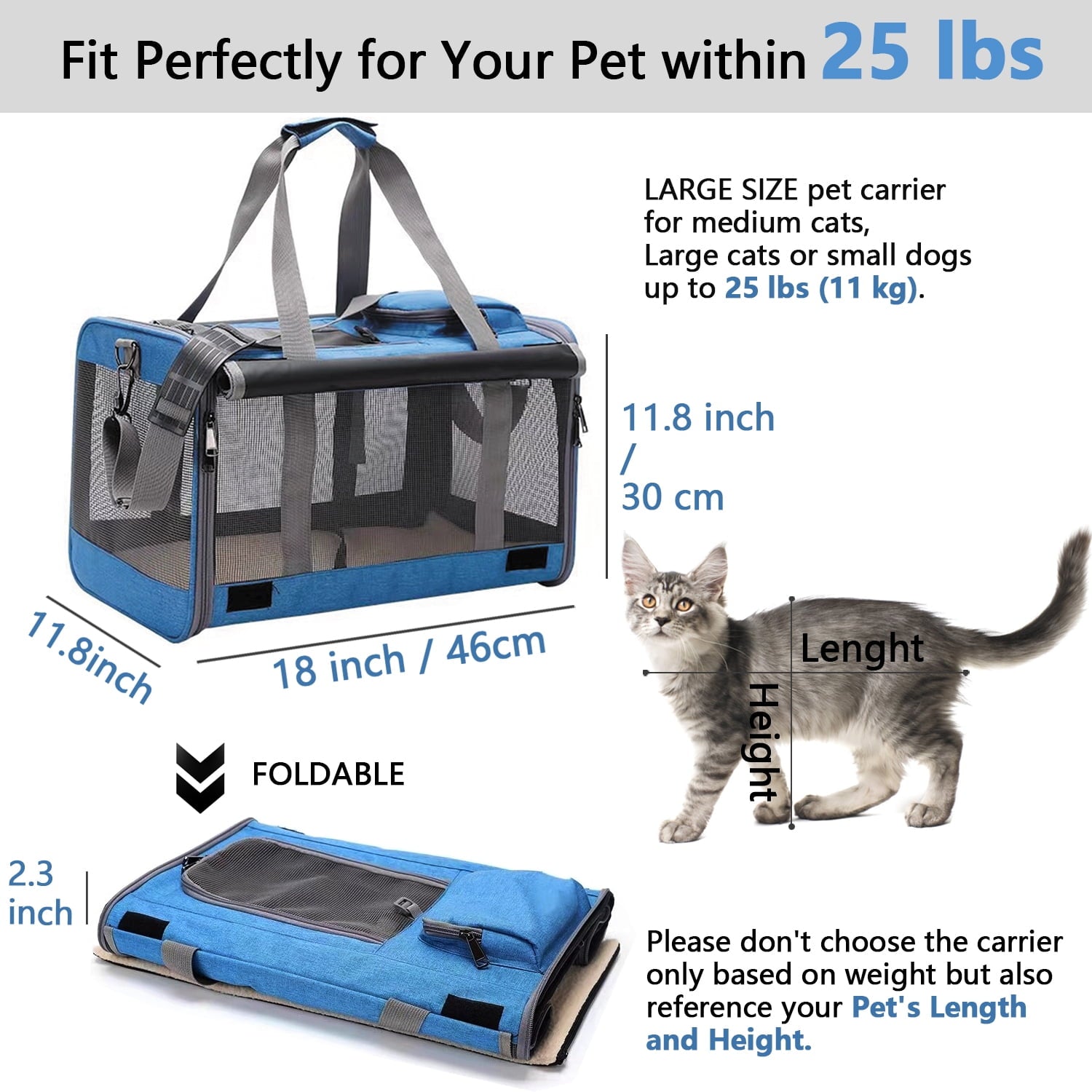 TNYXORIX Cat Carrier Pet Carrier for Small Medium Large Cats Dogs Rabbits Puppies up to 25 Lbs,TSA Airline Approved Dog Carrier Soft Sided,Collapsible Travel Puppy Carrier - Navy