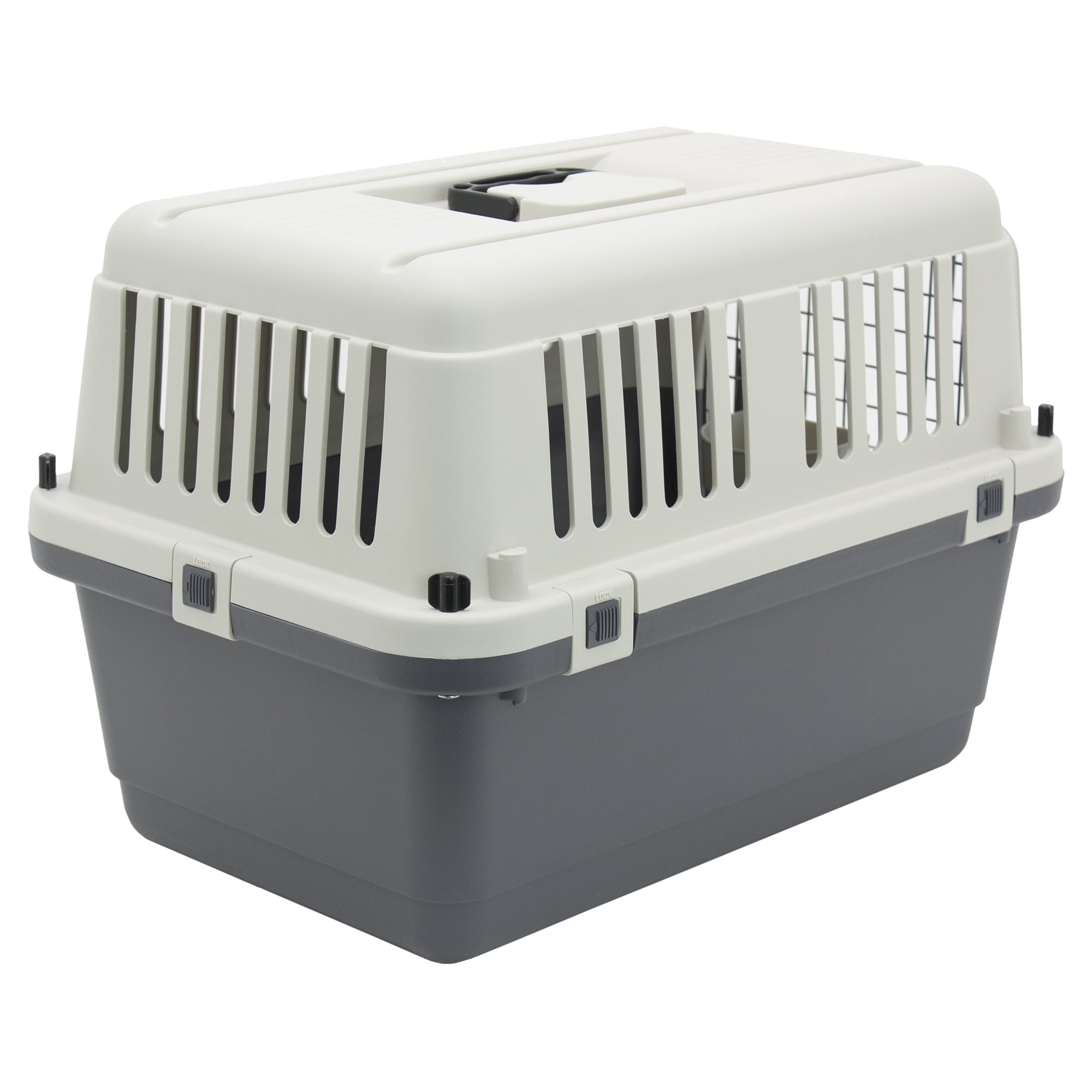 SportPet Designs Plastic Kennel for Dogs & Cats, Wire Door, IATA Airline Approved, Travel Crate, No Wheels, Gray, Small,  24" L x 16" W x 16" H