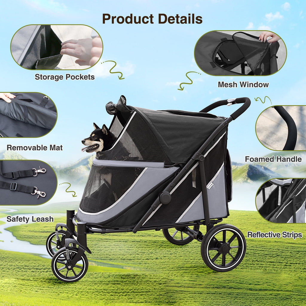 Dog Stroller for Medium/Large Dogs One-Click Folding,Extra Large Pet Stroller with Storage Pocket,Cat Stroller with Shock Absorption，Red