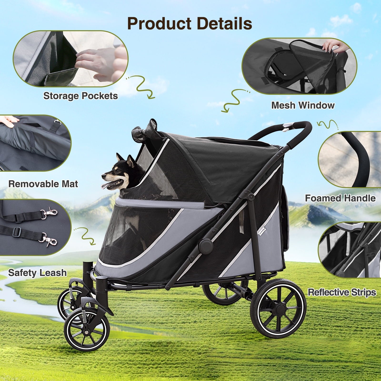 Dog Stroller for Medium/Large Dogs One-Click Folding,Extra Large Pet Stroller with Storage Pocket,Cat Stroller with Shock Absorption，Red
