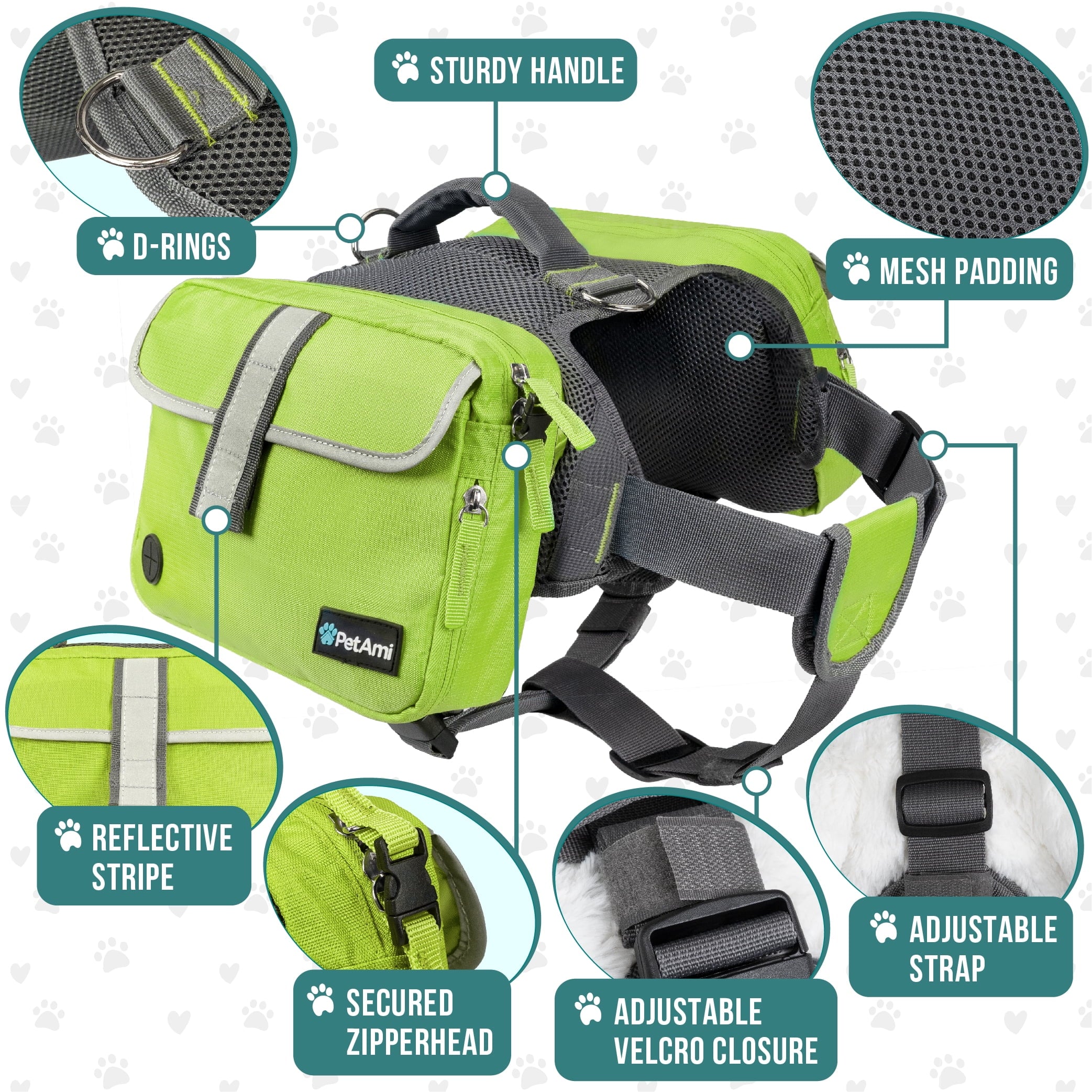 PetAmi Dog Backpack Saddle Bag for Medium Large Dogs, Saddlebag for Dogs to Wear, Harness Saddlebag for Hiking with Reflective Safety Side Pockets, Vest Dog Pack for Camping Travel (Green, Medium)