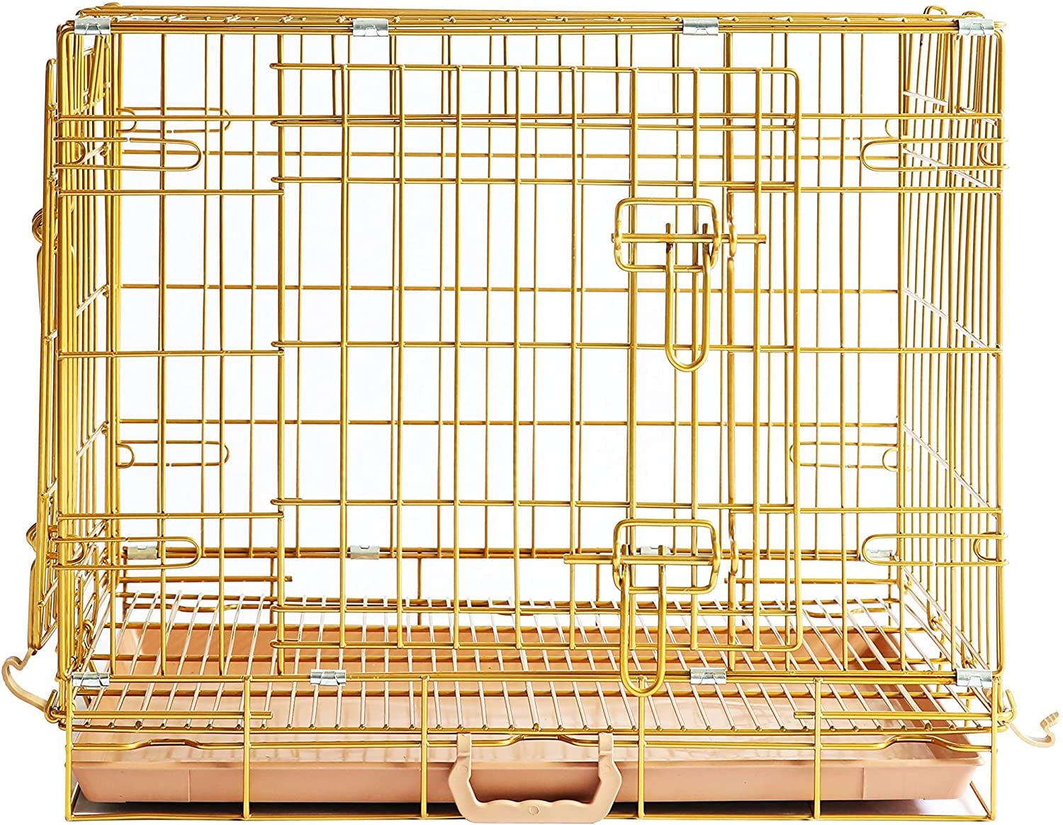Homey Pet 24" Small Dog Crate, Collapsible Wire Toy Dog Cage Indoor, Dog Transport Kennel Portable Nano-Coated Copper Gold Puppy Cage with Pull-Out Floor Grid Tray, Double Doors Dual Locks