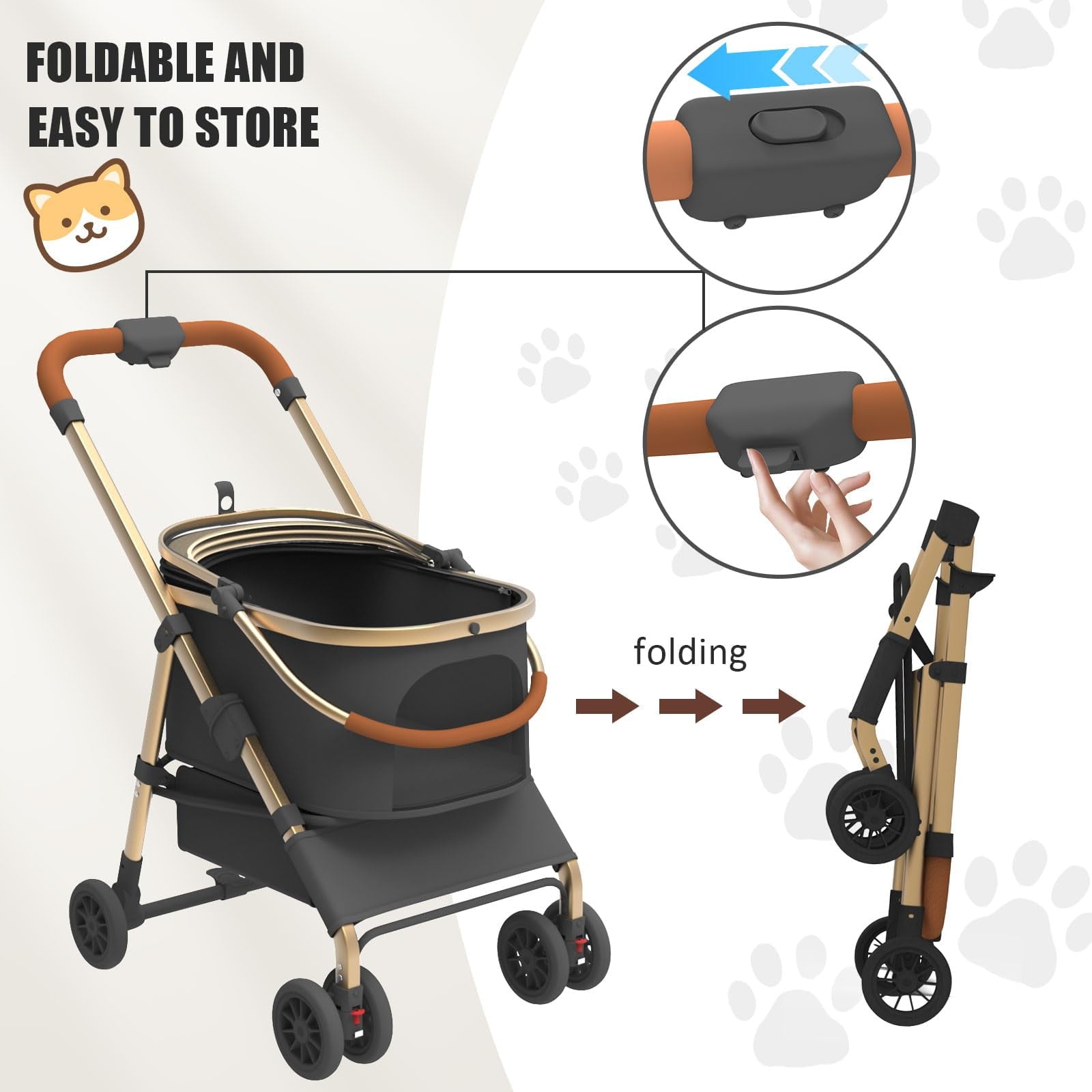 Foldable Pet Stroller 4 Wheels, Dog Stroller for Medium Dogs 30 lbs, Portable Pet Travel Carrier for Dogs Cats