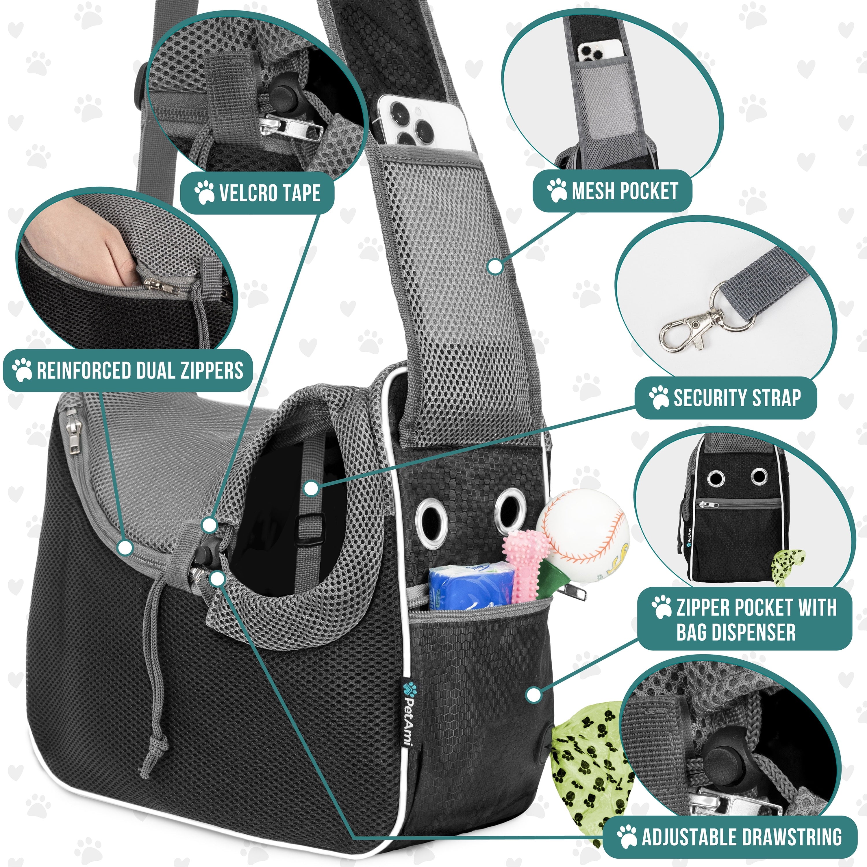 PetAmi Small Dog Sling Carrier, Soft-Sided Crossbody Puppy Carrying Purse Bag, Adjustable Sling Pet Pouch to Wear Medium Dog Cat Travel, Dog Bag for Traveling, Breathable, Poop Bag Dispenser, Black