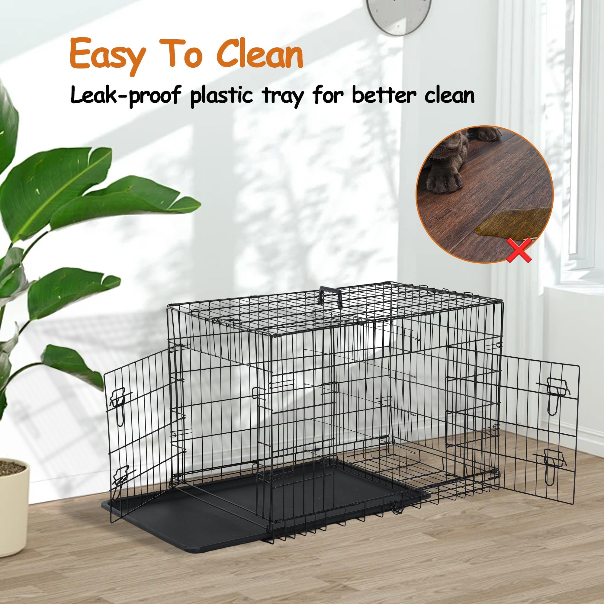 CL.HPAHKL Small Wire Dog Crate, Folding Metal Dog Kennel Double Door Dog Cage with Plastic Tray, Puppy Crate for Small Dog Indoor Outdoor Travel (Black, 24 inch)