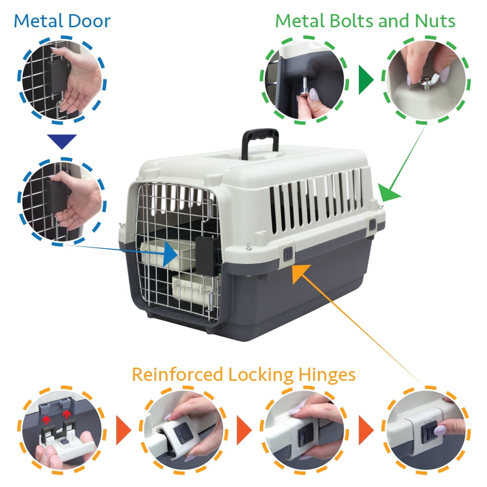 SportPet Designs Plastic Kennel for Dogs & Cats, Wire Door, IATA Airline Approved, Travel Crate, No Wheels, Gray, Small,  24" L x 16" W x 16" H