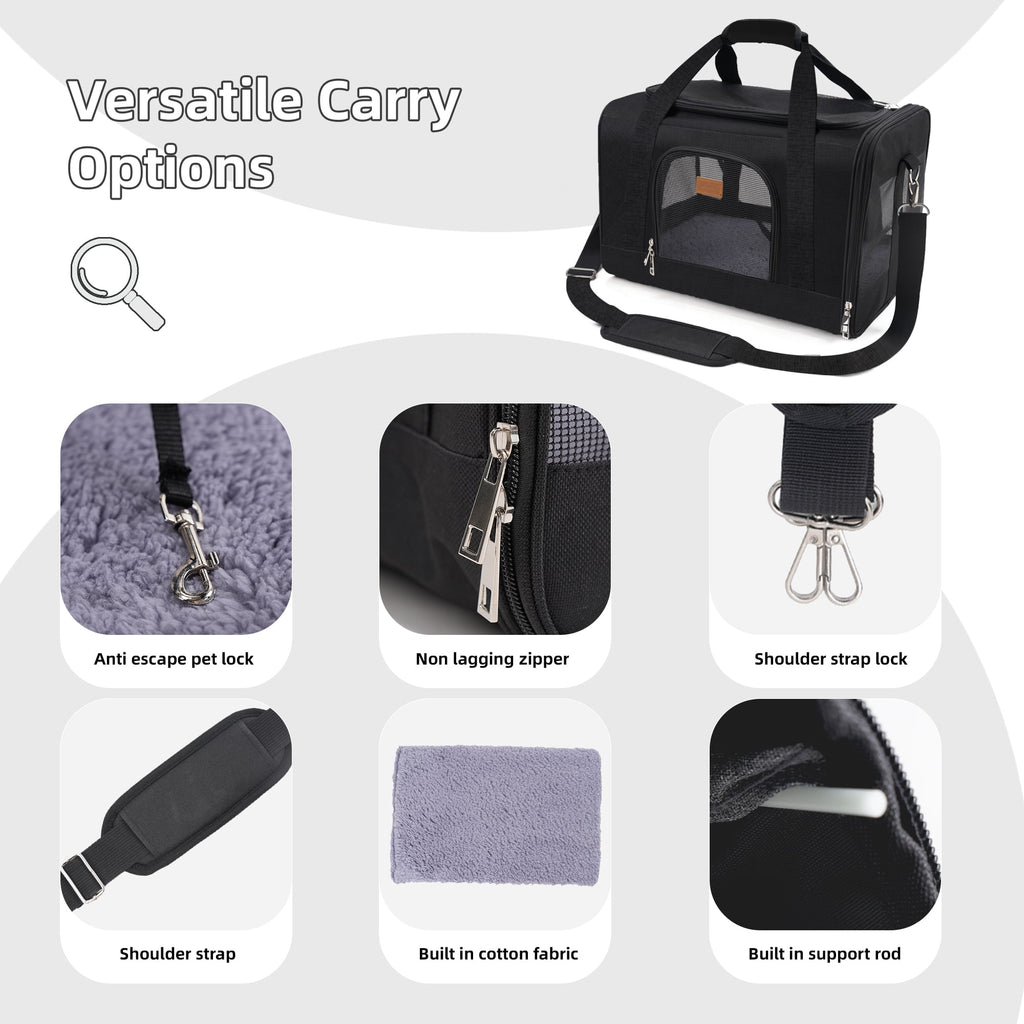 Roypet Small and Medium Pet Carrier, Airline Approved, Collapsible Travel, Black, 15 Lb Limit