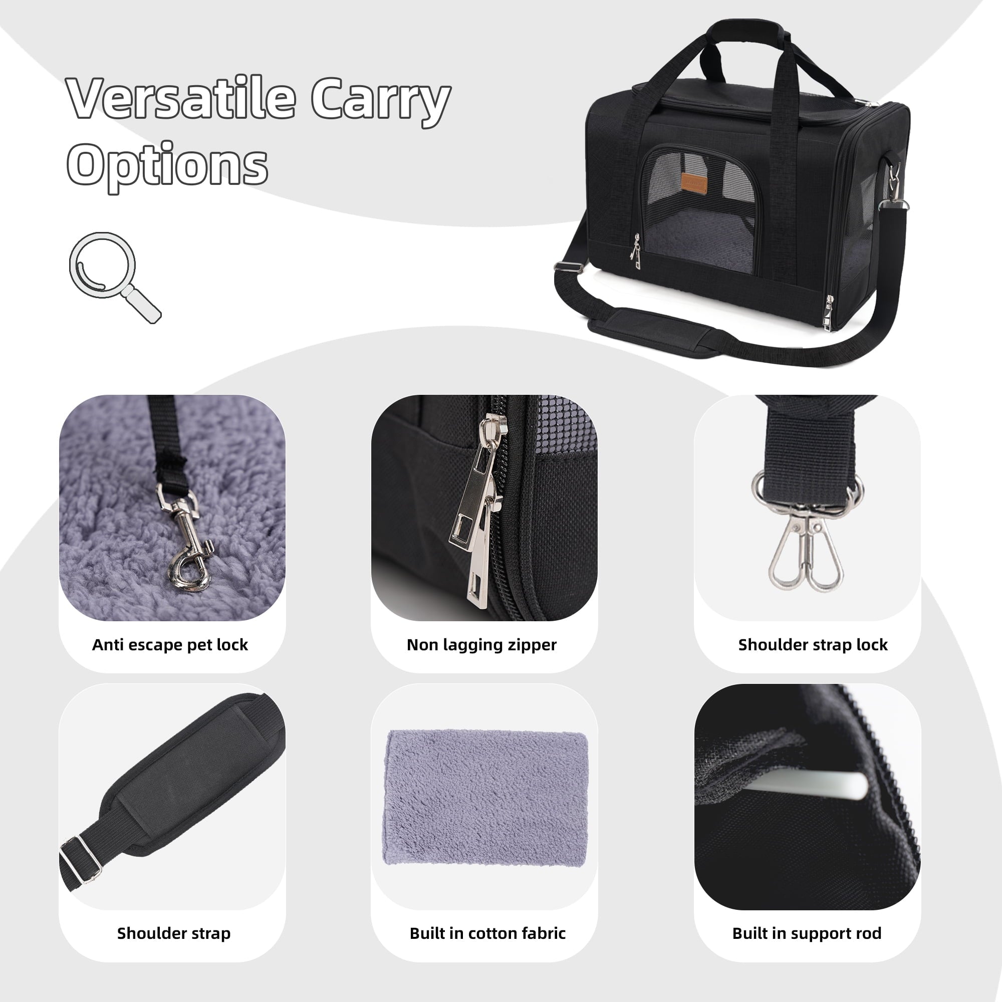 Roypet Small and Medium Pet Carrier, Airline Approved, Collapsible Travel, Black, 15 Lb Limit