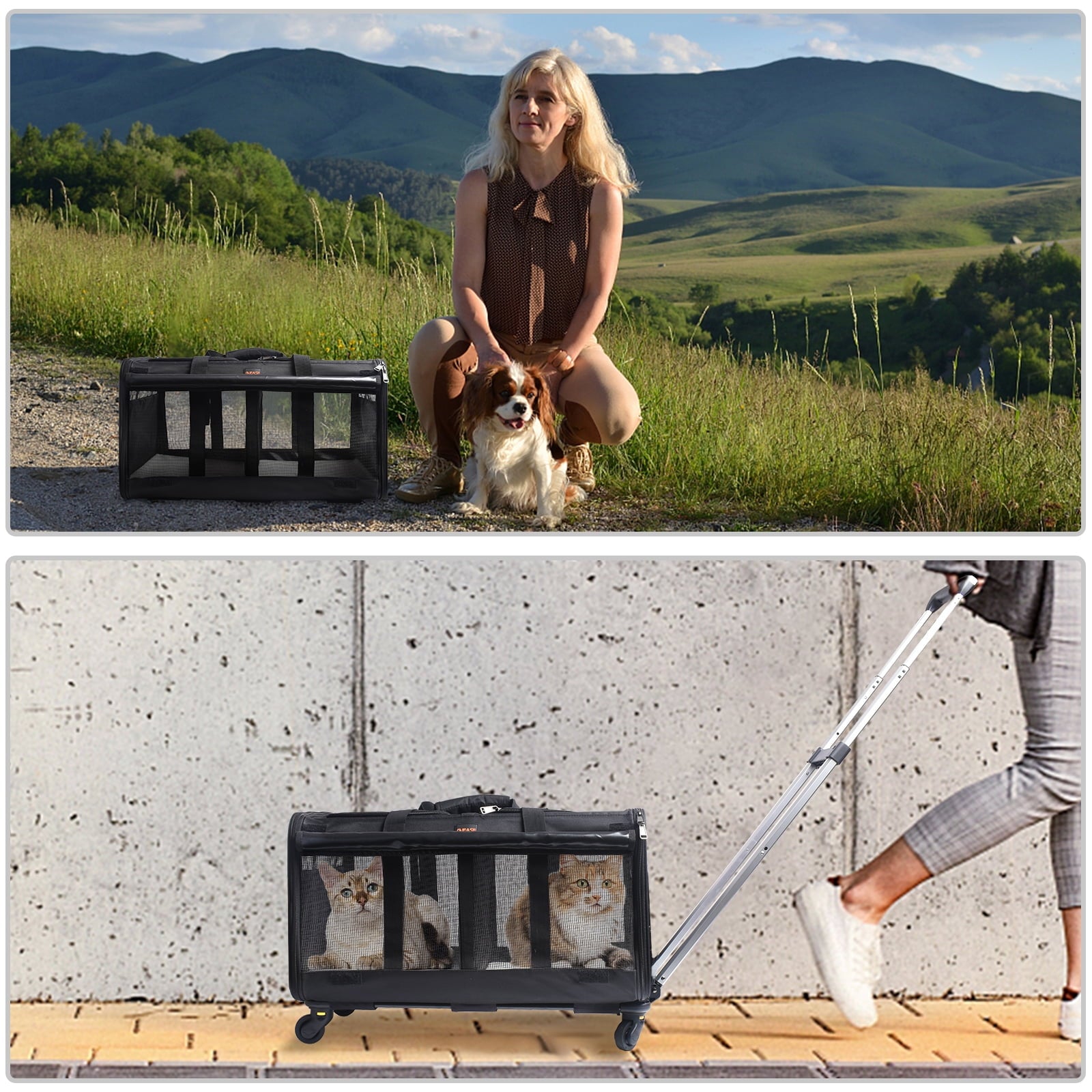 ELEGX Double-Compartment Pet Rolling Carrier with Wheels for 2 Pets,for Up to 35 LBS,Cat Rolling Carrier for 2 Cats,Super Ventilated Design,Ideal for Traveling/Hiking /Camping