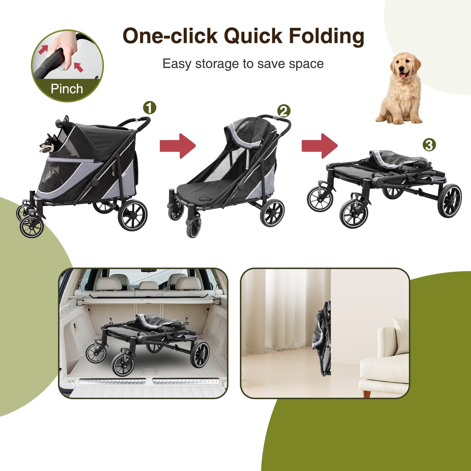 Dog Stroller for Medium/Large Dogs One-Click Folding,Extra Large Pet Stroller with Storage Pocket,Cat Stroller with Shock Absorption，Red
