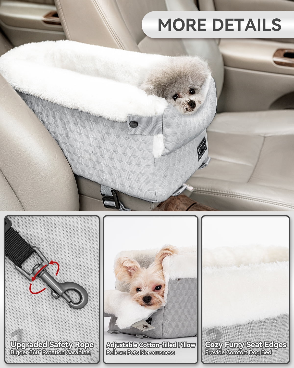 PETSFIT Dog Car Seats for Small Dogs,Washable Cushion,  Small Dog Car Seat with Upgraded Safety Tethers, Center Console Dog Car Seat (Light Grey)