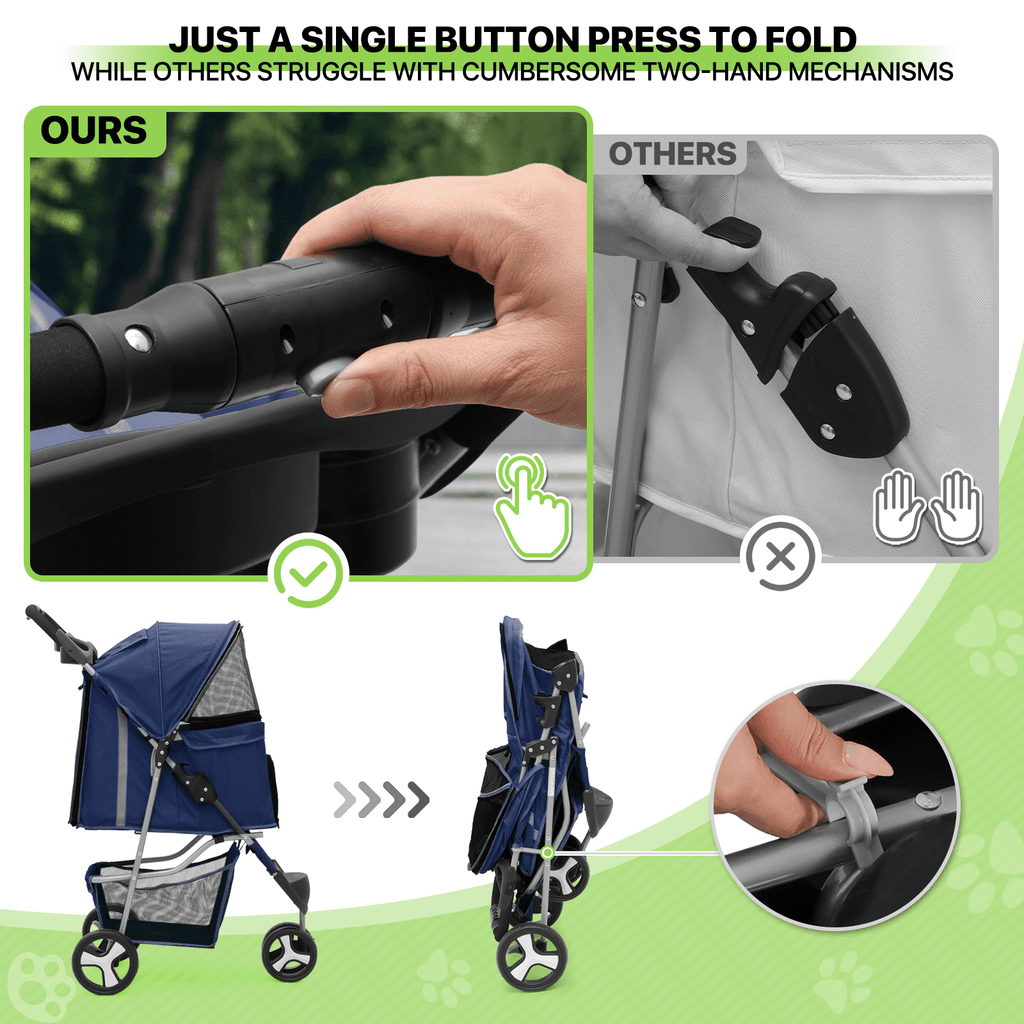 Magshion Foldable Pet Dog Stroller with Wheels, Cat Dog Stroller with Storage Basket and Cup Holder for Small and Medium Cats, Dogs, Puppy, Navy Blue