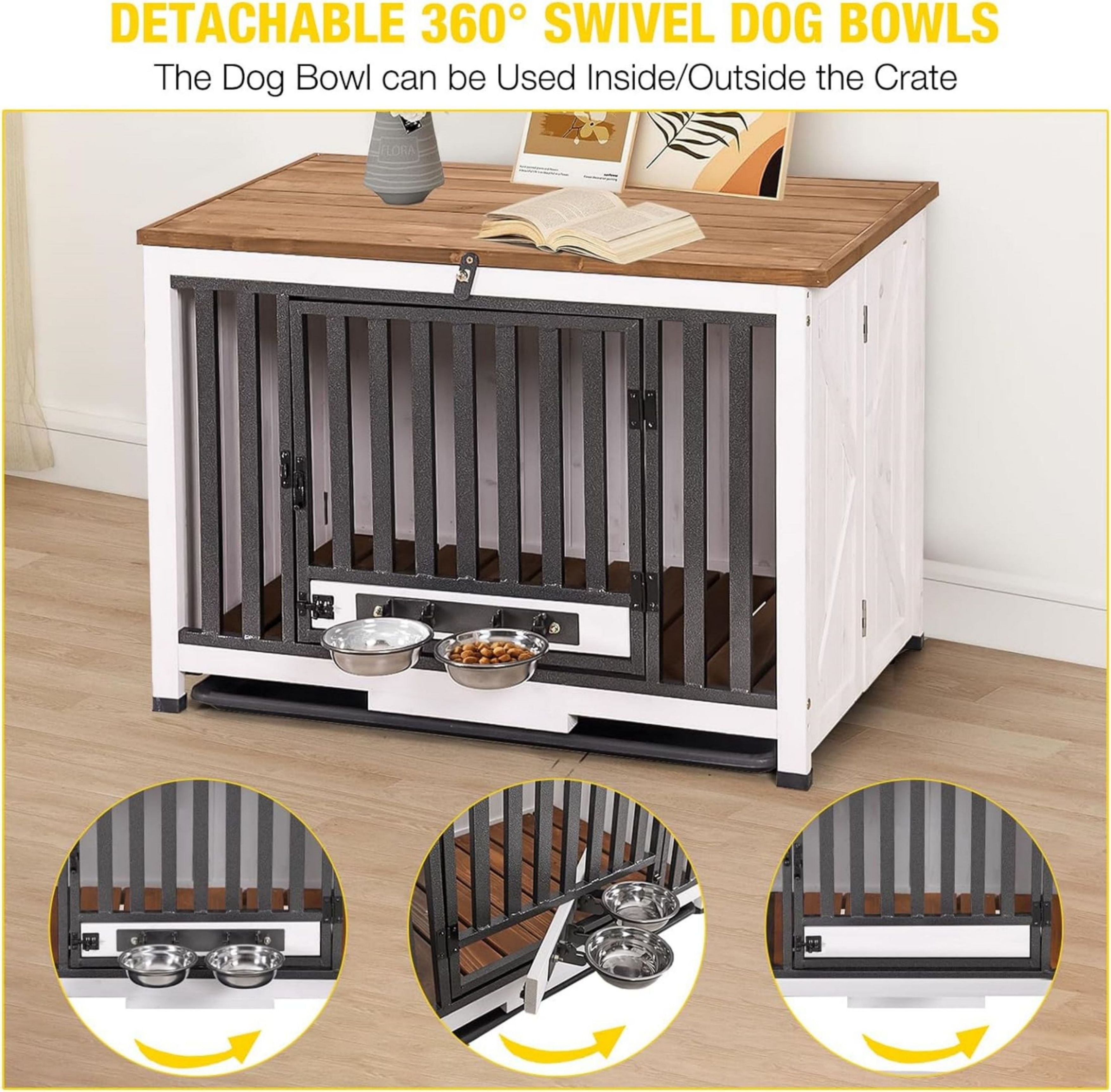 Aivituvin Folding Dog Crate Furniture Portable Metal Dog Kennel with Dog Bowls & Tray, Dog Crate for Small & Medium Dogs with Opening Roof