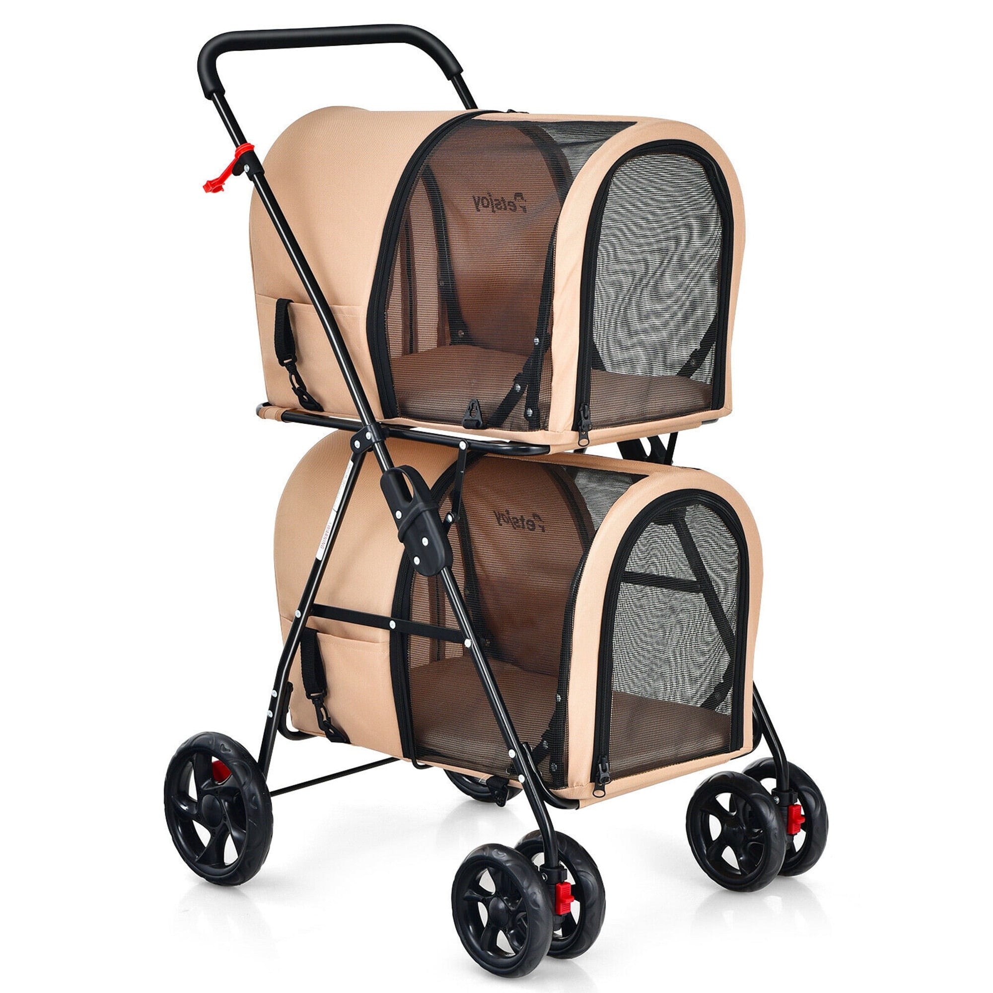 Gymax 4-in-1 Double Pet Stroller w/ Detachable Carrier Travel Carriage for Cats Beige