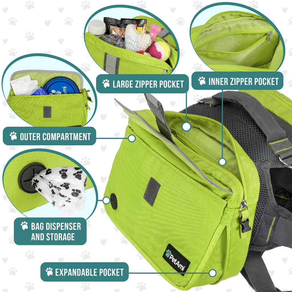PetAmi Dog Backpack Saddle Bag for Medium Large Dogs, Saddlebag for Dogs to Wear, Harness Saddlebag for Hiking with Reflective Safety Side Pockets, Vest Dog Pack for Camping Travel (Green, Medium)