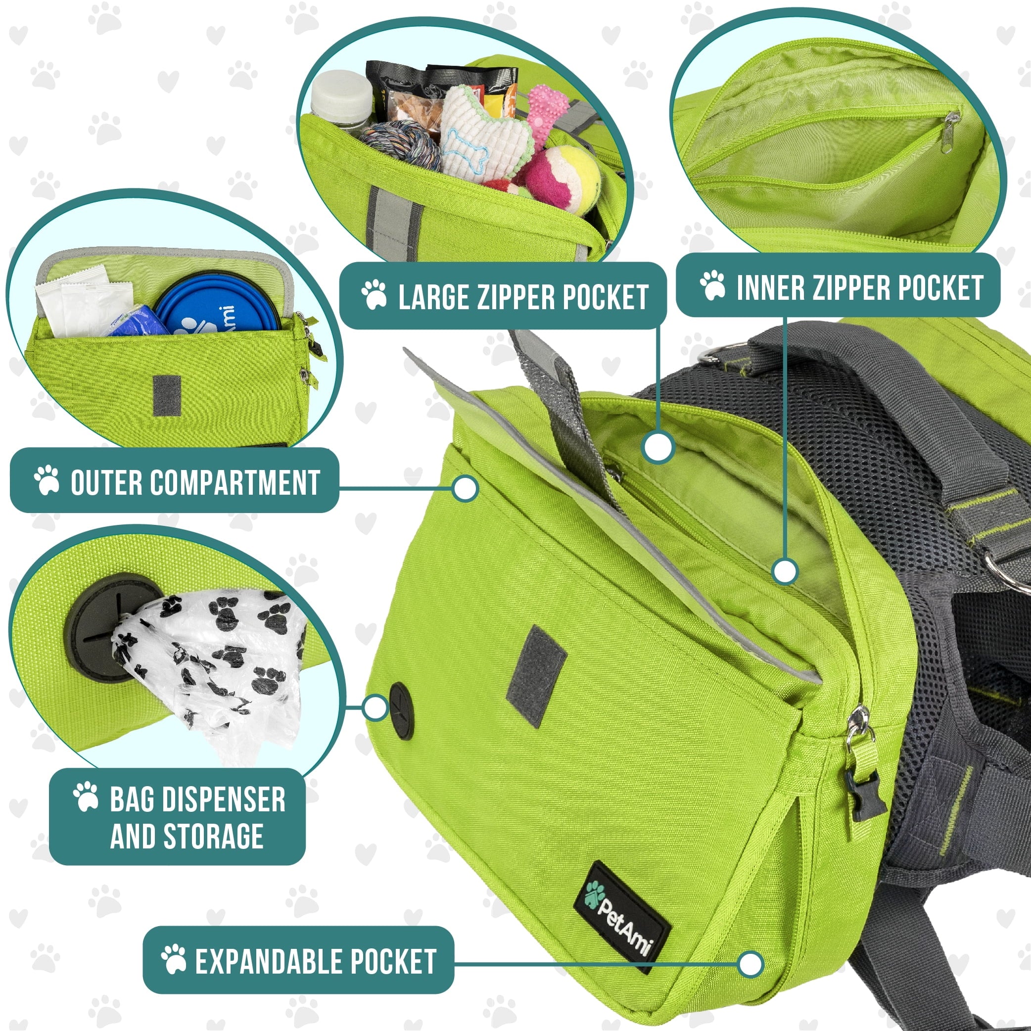 PetAmi Dog Backpack Saddle Bag for Medium Large Dogs, Saddlebag for Dogs to Wear, Harness Saddlebag for Hiking with Reflective Safety Side Pockets, Vest Dog Pack for Camping Travel (Green, Medium)