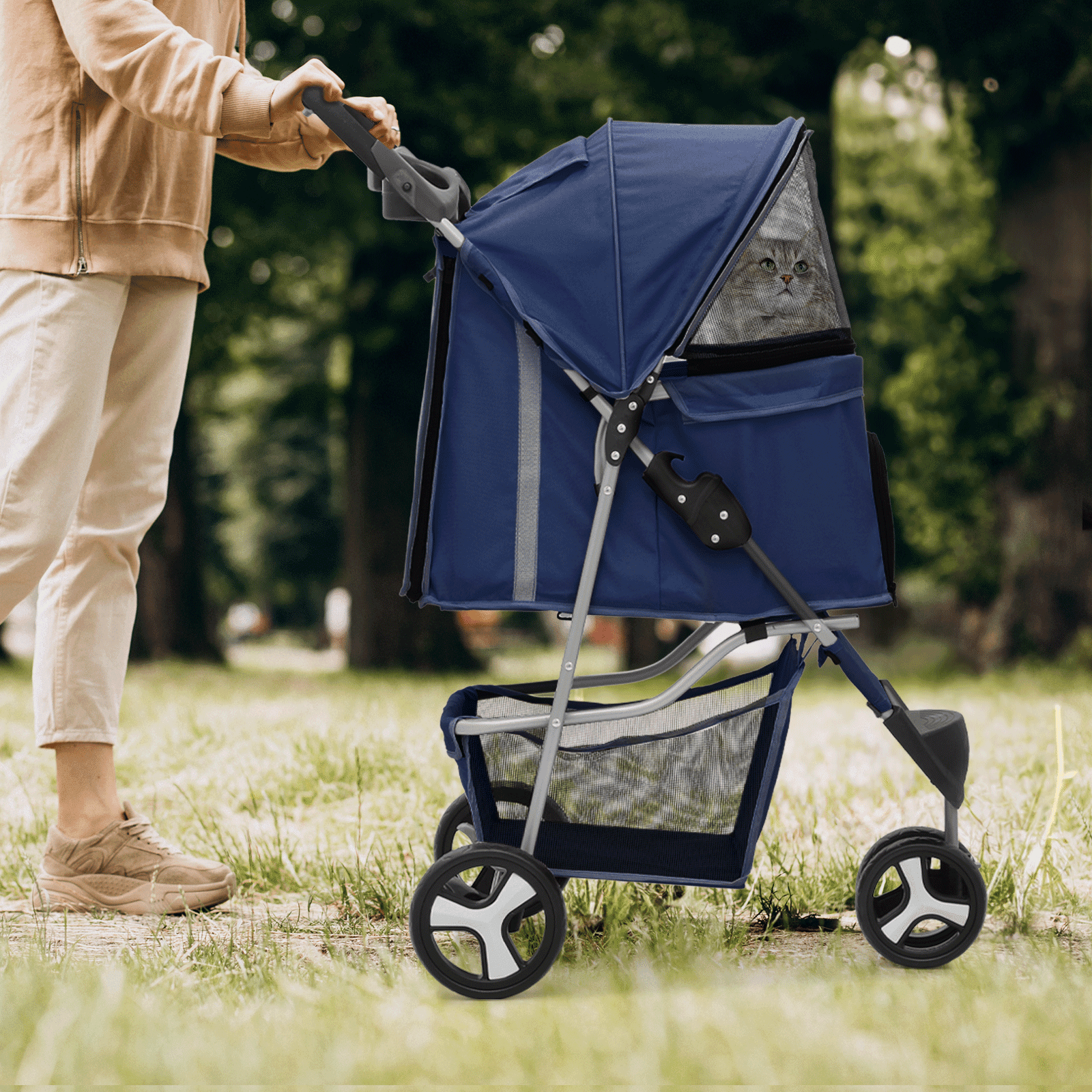 Magshion Foldable Pet Dog Stroller with Wheels, Cat Dog Stroller with Storage Basket and Cup Holder for Small and Medium Cats, Dogs, Puppy, Navy Blue
