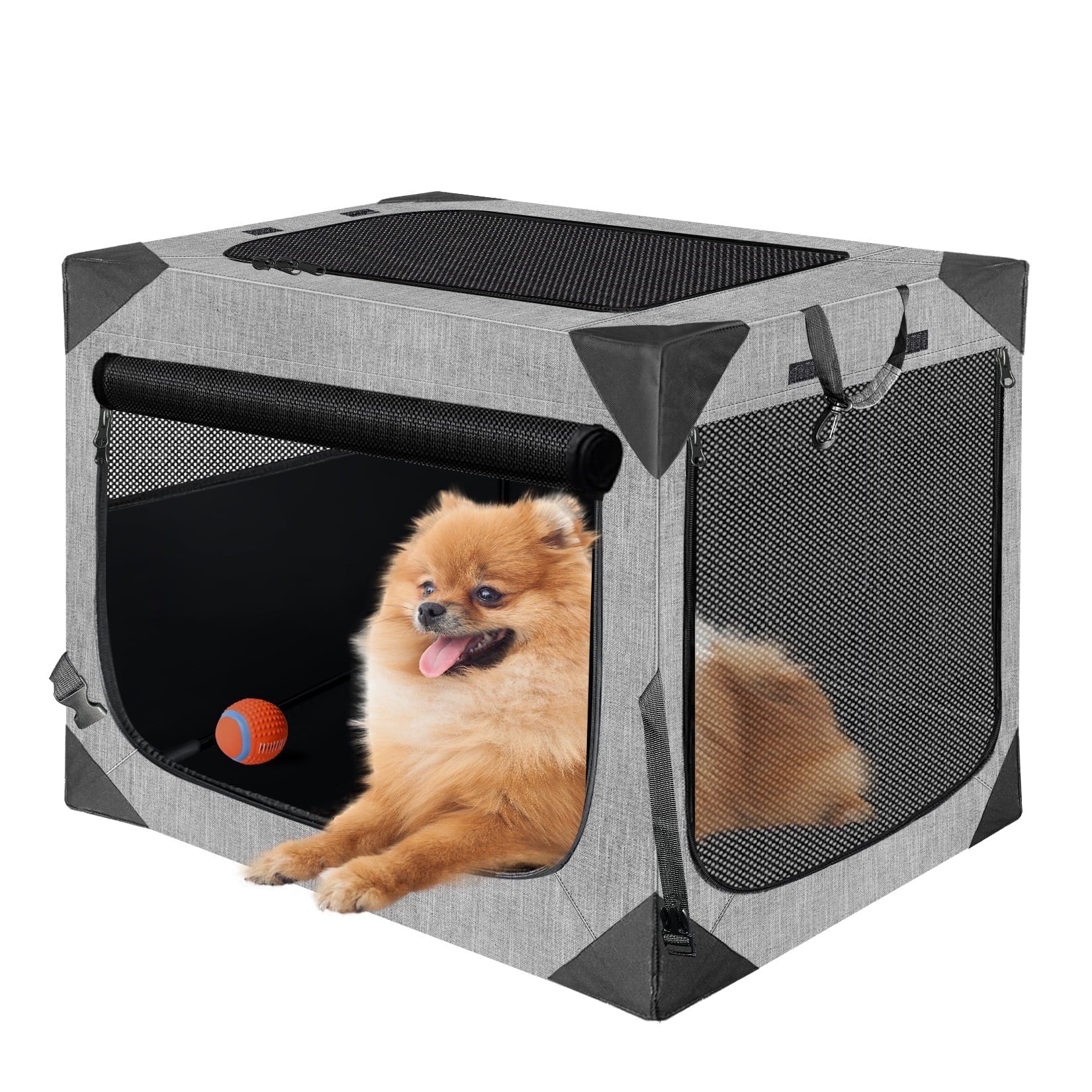 36 Inch Dog Crates,Collapsible Soft Dog Crate for Large Dogs, Chew Proof Mesh Window 3 Door Design, Indoor & Outdoor Portable Travel Dog Crate(French Grey)
