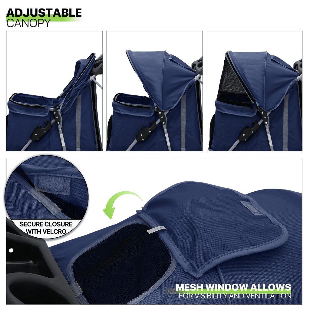 Magshion Foldable Pet Dog Stroller with Wheels, Cat Dog Stroller with Storage Basket and Cup Holder for Small and Medium Cats, Dogs, Puppy, Navy Blue