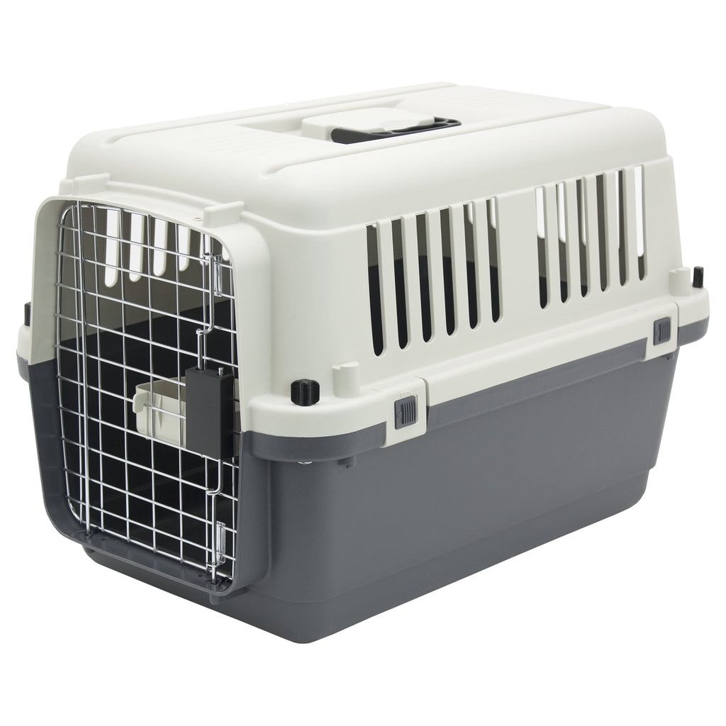 SportPet Designs Plastic Kennel for Dogs & Cats, Wire Door, IATA Airline Approved, Travel Crate, No Wheels, Gray, Small,  24" L x 16" W x 16" H