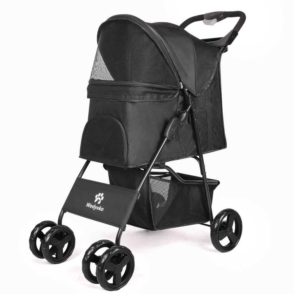 Wedyvko 4 Wheels Pet Stroller Dog Cat Stroller Storage Basket and Cup Holder,Black
