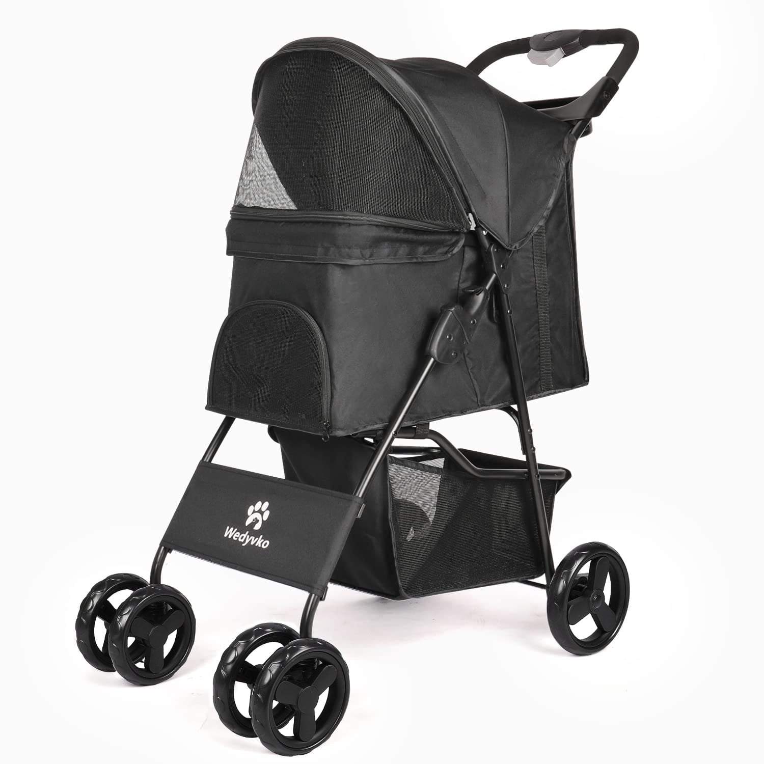 Wedyvko 4 Wheels Pet Stroller Dog Cat Stroller Storage Basket and Cup Holder,Black