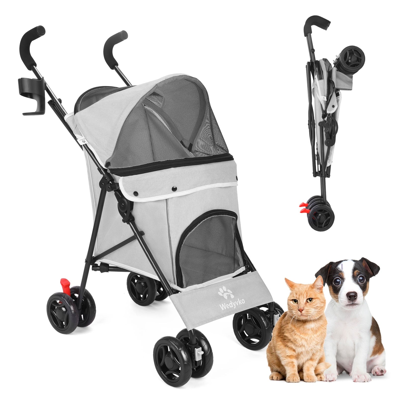 Wedyvko 4 Wheel Pet Dog Stroller Foldable Carrier Strolling Cart for Small Medium Dog Cat,Gray