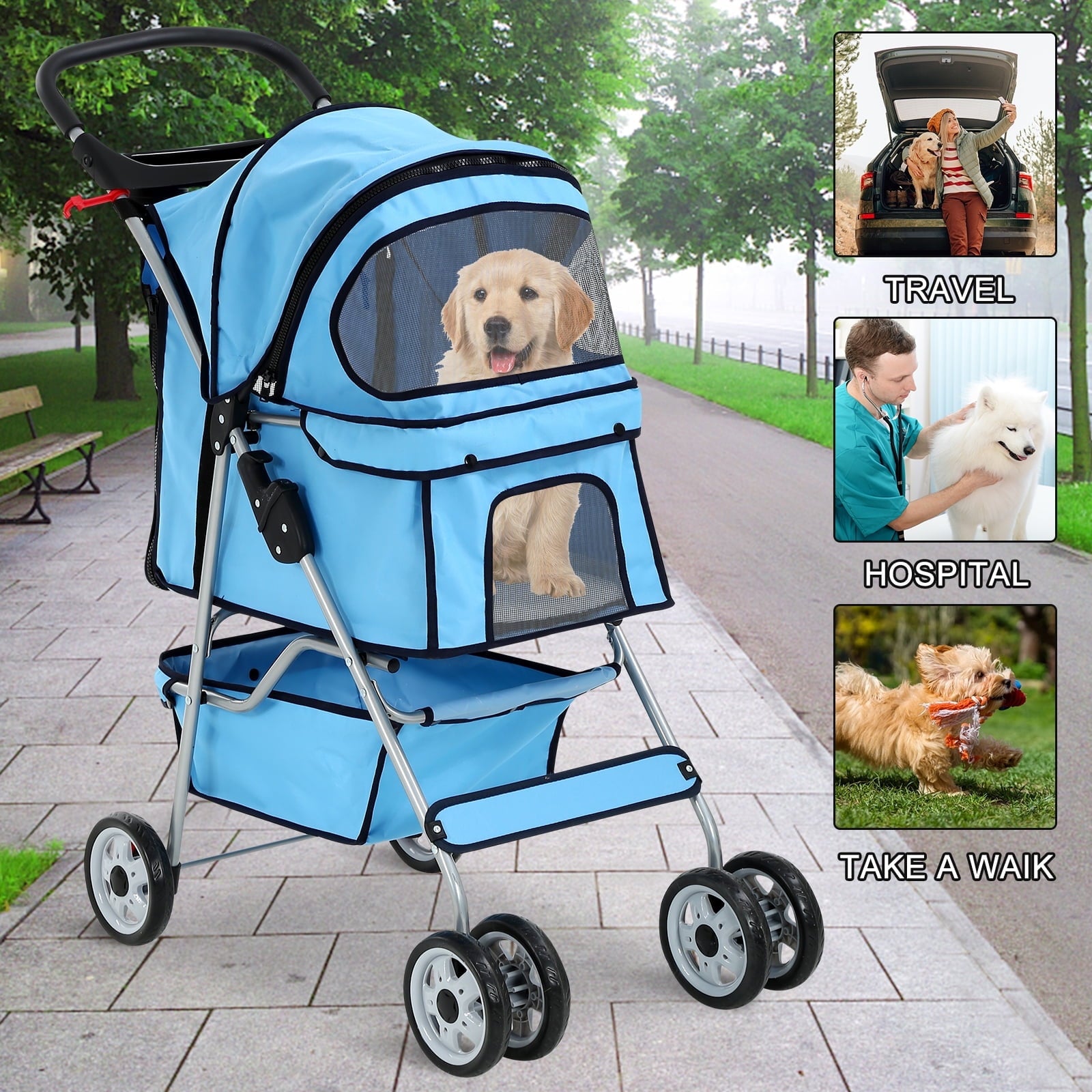 4 Wheels Pet Stroller Foldable Dog Stroller Cat Stroller with Storage Basket & Removable Liner, Travel Lite Foldable Carrier Strolling Cart for Dogs Cats, Black