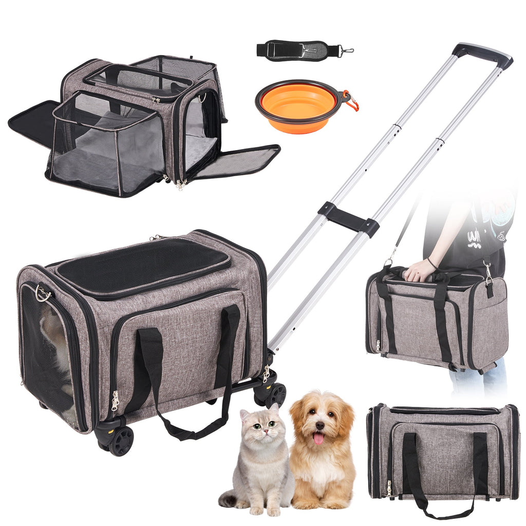 BENTISM Cat Carrier with Wheels Airline Approved Rolling Pet Carrier 25 lbs Grey for Cat Dog Small Medium Animals Kitten Puppy