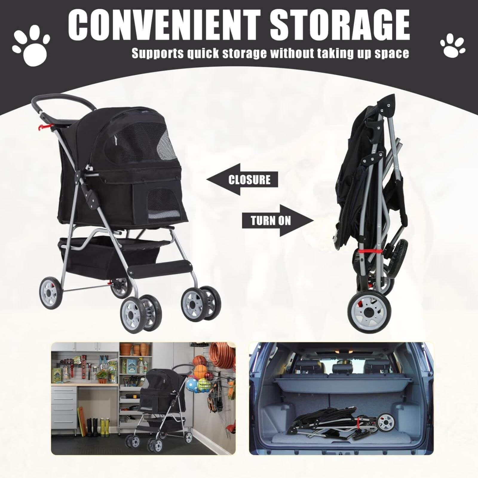 4 Wheels Pet Stroller Foldable Dog Stroller Cat Stroller with Storage Basket & Removable Liner, Travel Lite Foldable Carrier Strolling Cart for Dogs Cats, Black