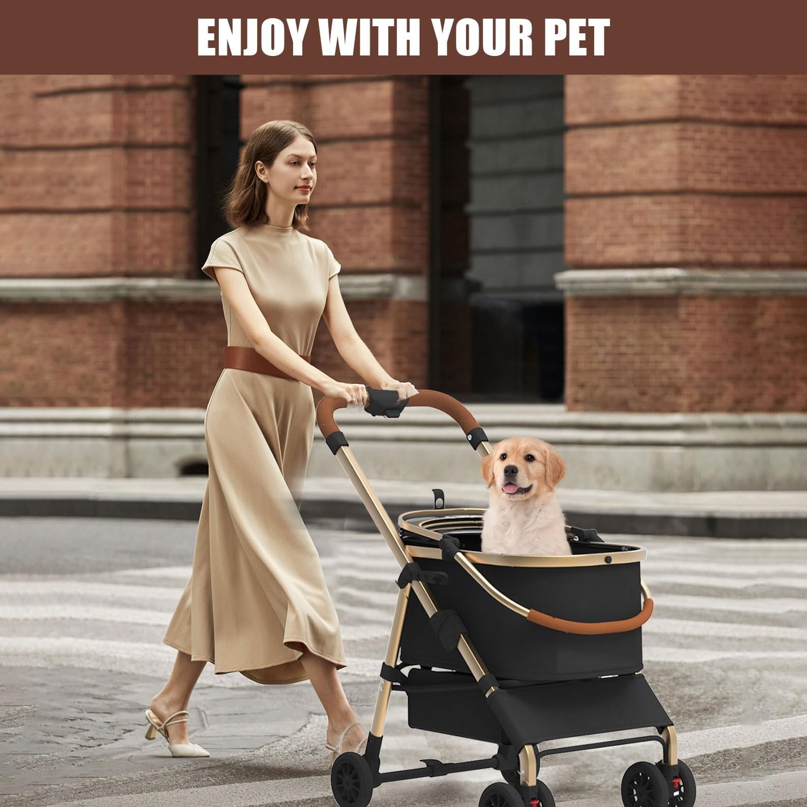 Foldable Pet Stroller 4 Wheels, Dog Stroller for Medium Dogs 30 lbs, Portable Pet Travel Carrier for Dogs Cats
