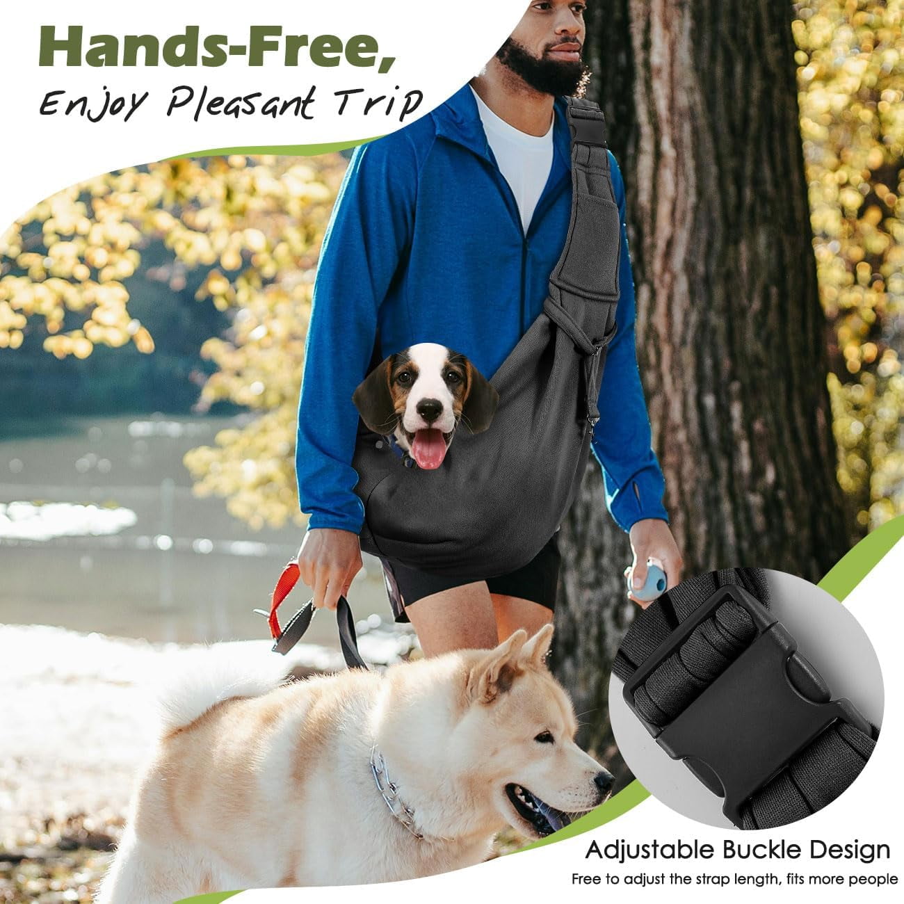 Pawaboo Dog Carrier Sling, Hand Free Dog Papoose with Adjustable Strap, Safety Leash for Puppies&Cats, Wider Shoulder Strap Pet Sling Bag (up to 12lbs, Black)