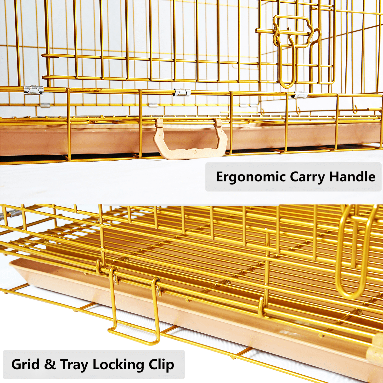 Homey Pet 24" Small Dog Crate, Collapsible Wire Toy Dog Cage Indoor, Dog Transport Kennel Portable Nano-Coated Copper Gold Puppy Cage with Pull-Out Floor Grid Tray, Double Doors Dual Locks