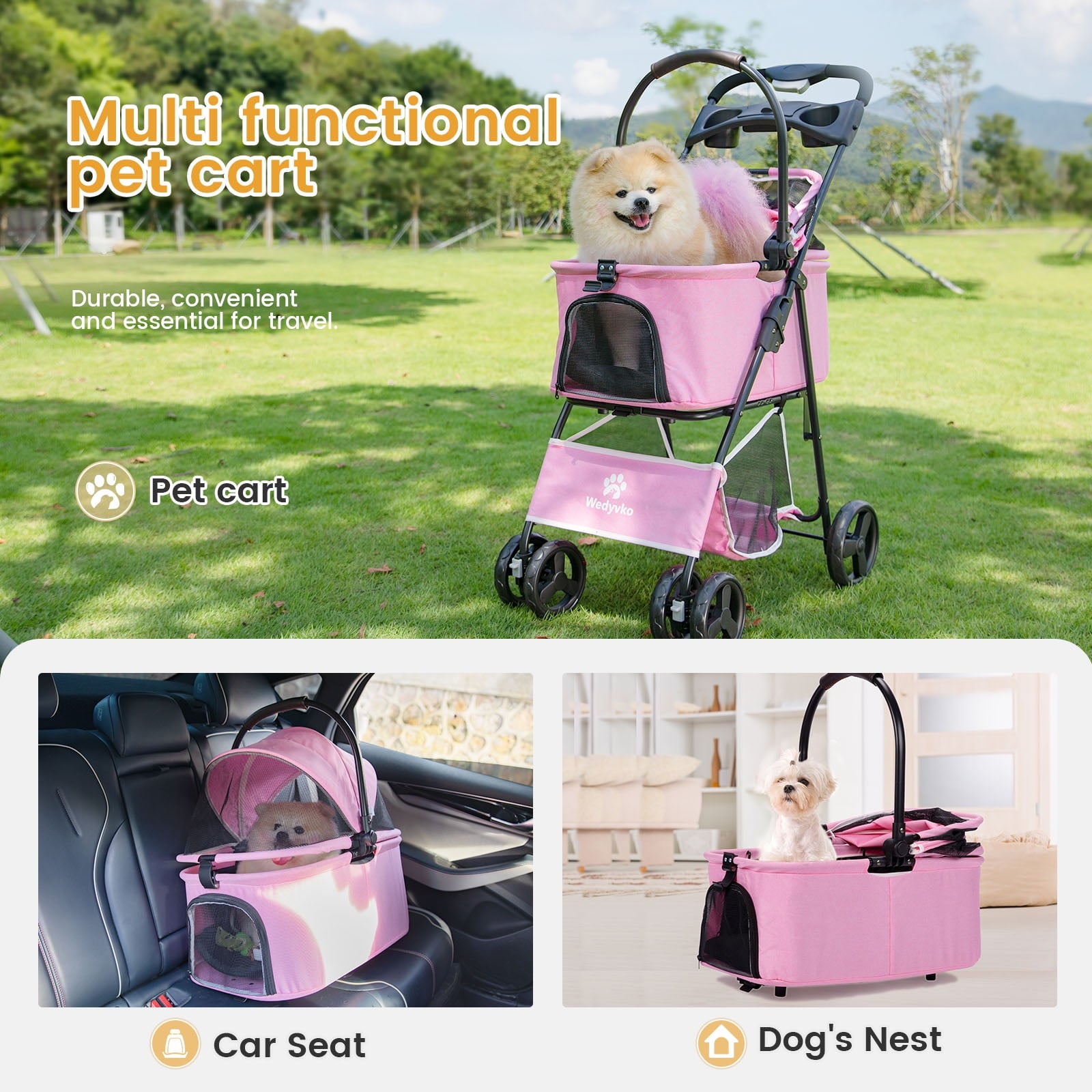 Wedyvko Pet Stroller with 4 Wheels, Foldable Pet Travel Carrier for Small/Medium Dogs Cats up to 50lbs, Detachble Portable Pet Bag, Storage Basket, Car Seat 3 in 1 Multifunctional,Pink