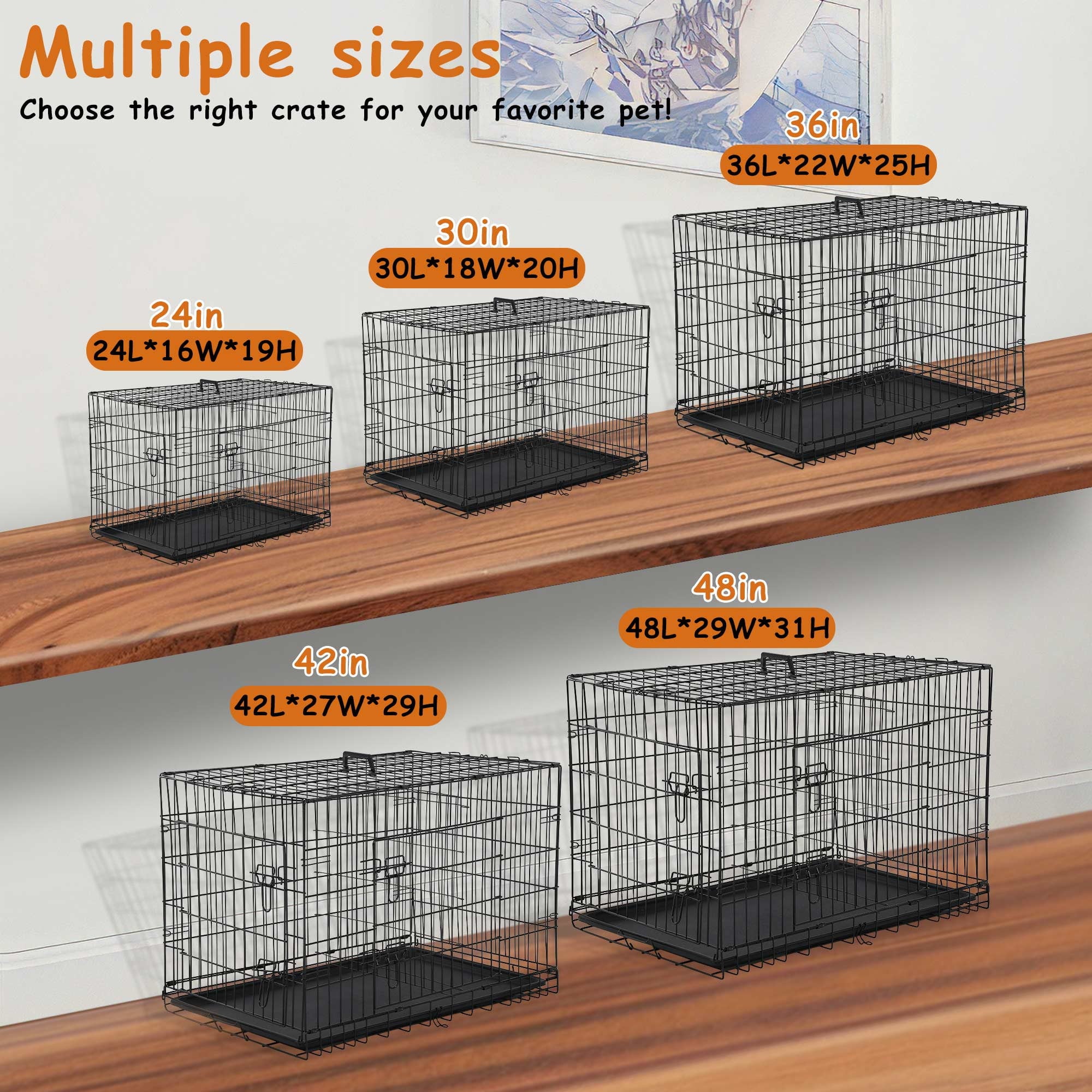 CL.HPAHKL Small Wire Dog Crate, Folding Metal Dog Kennel Double Door Dog Cage with Plastic Tray, Puppy Crate for Small Dog Indoor Outdoor Travel (Black, 24 inch)