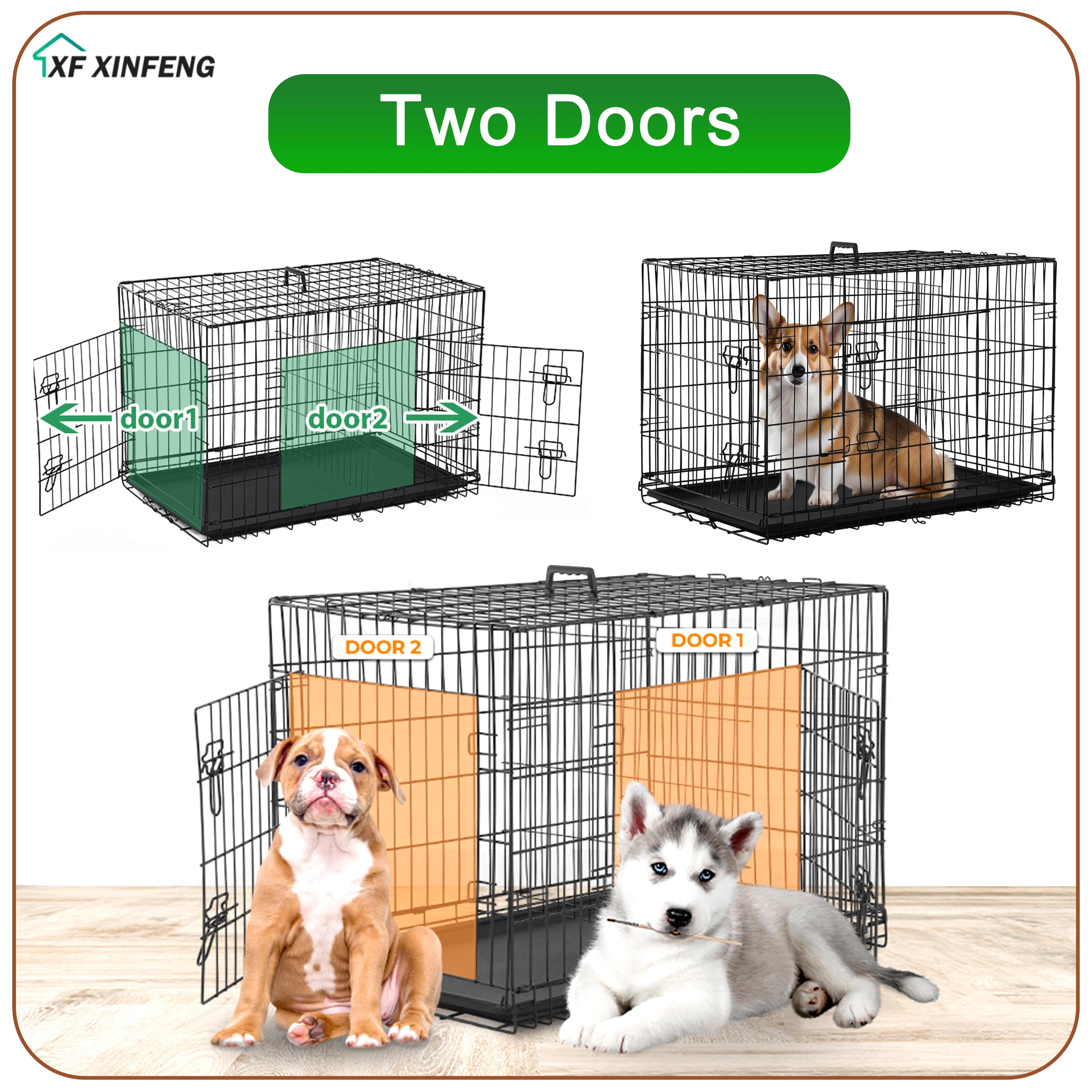 XF XINFENG Large Dog Crate Kennel for Medium Large Dogs 30 inches Metal Dog Cage Double-Door Folding Travel Indoor Outdoor Puppy Playpen with Divider