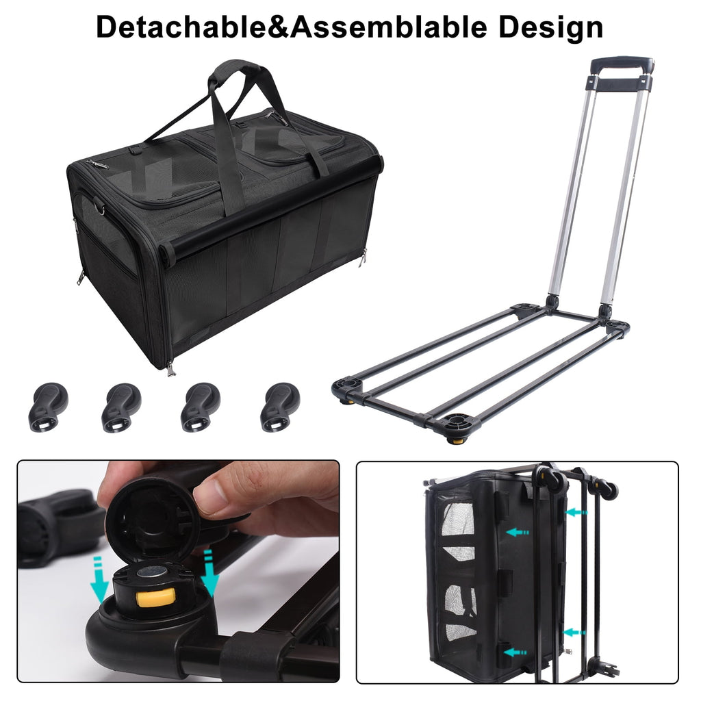 ELEGX Double-Compartment Pet Rolling Carrier with Wheels for 2 Pets,for Up to 35 LBS,Cat Rolling Carrier for 2 Cats,Super Ventilated Design,Ideal for Traveling/Hiking /Camping